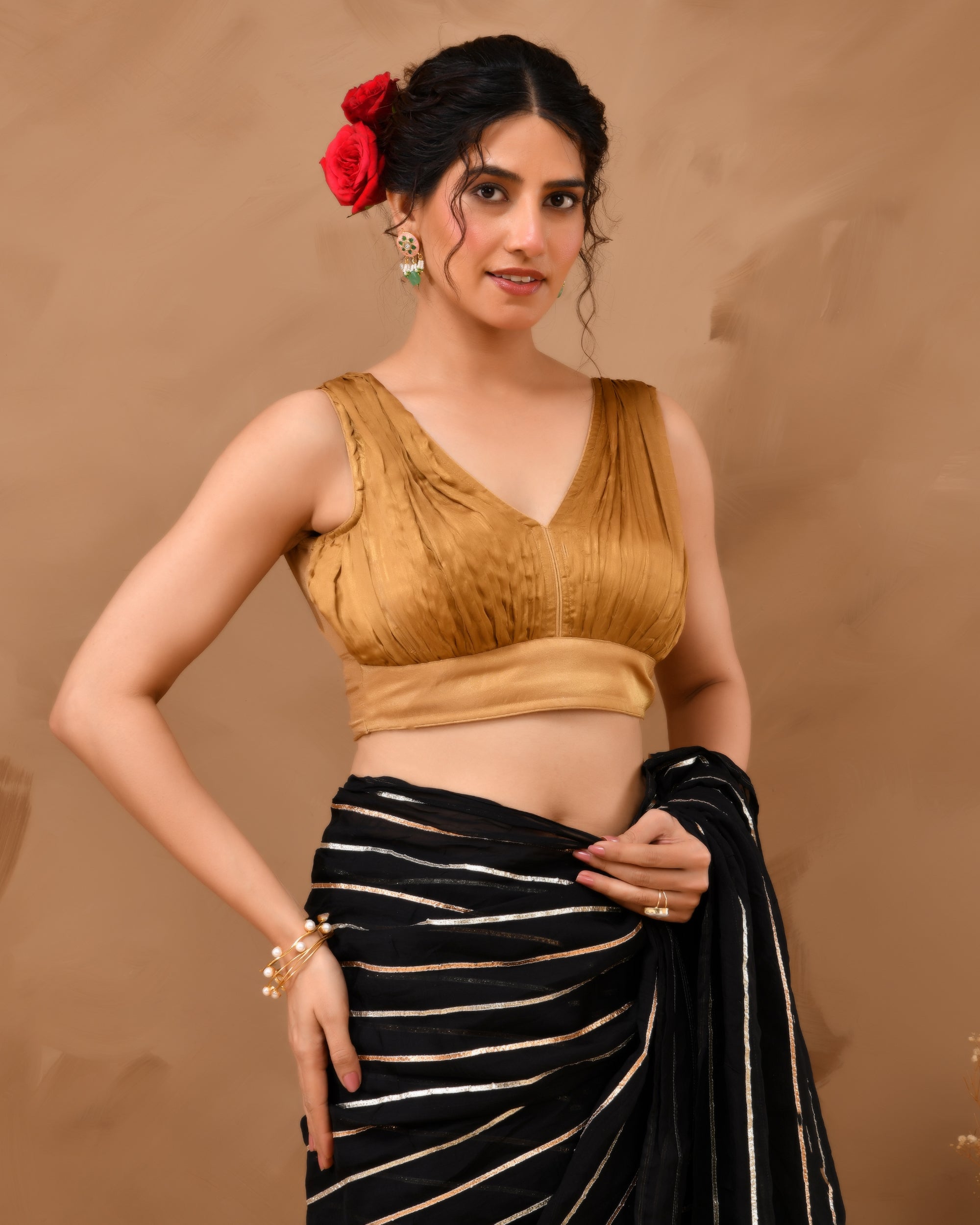 Dark Gold V neck Wrinkled sleeveless blouse
