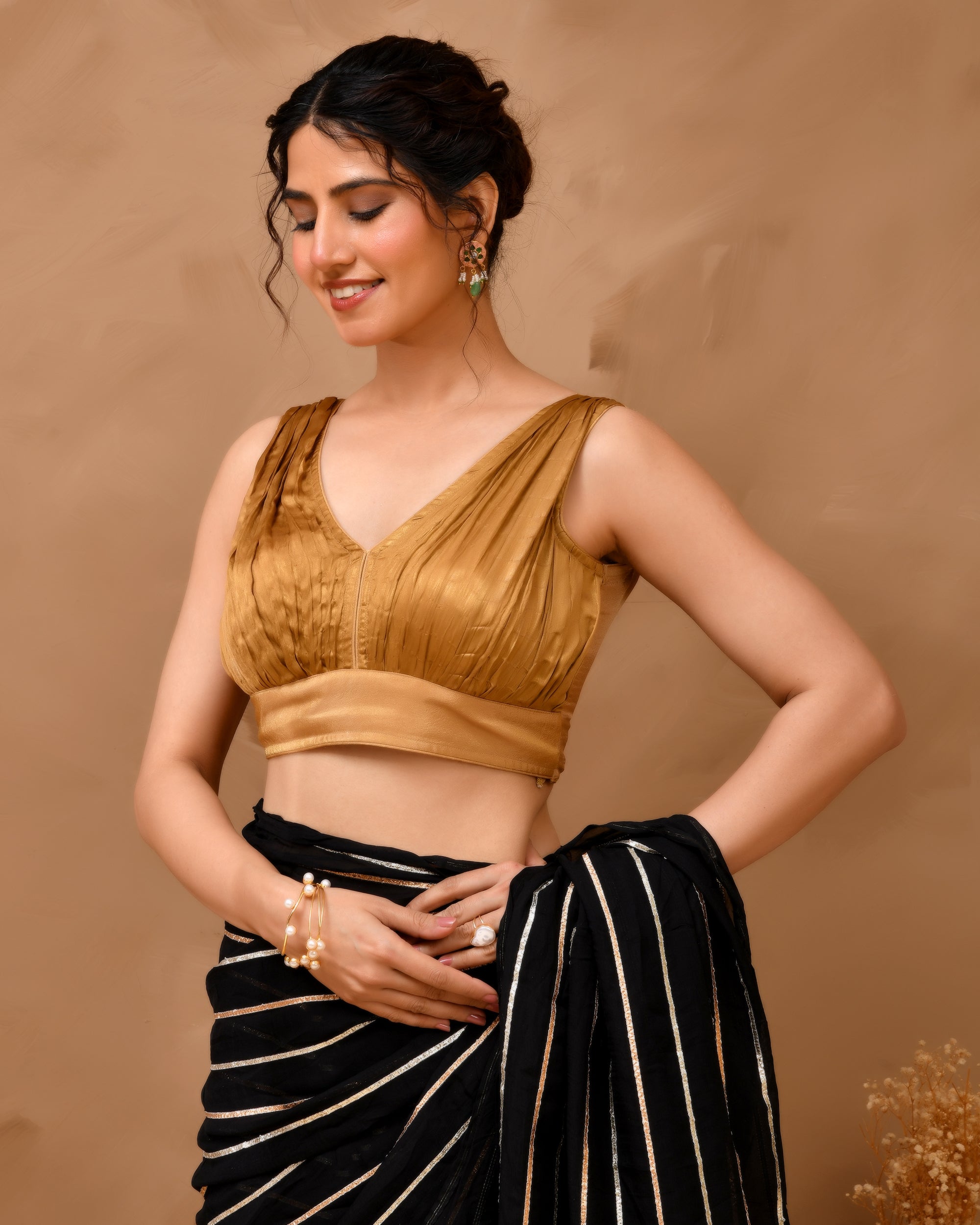 Dark Gold V neck Wrinkled sleeveless blouse