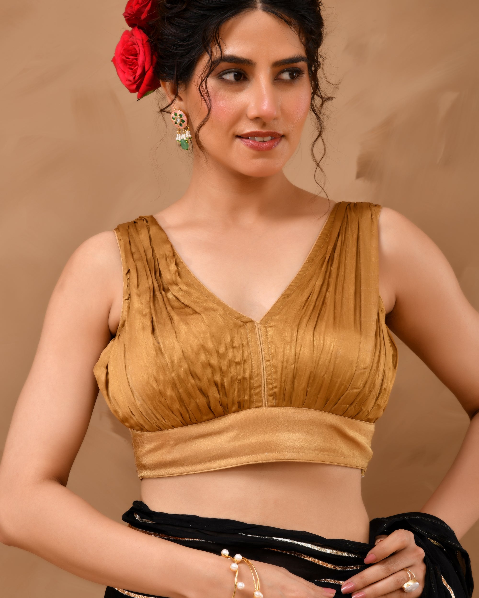 Dark Gold V neck Wrinkled sleeveless blouse