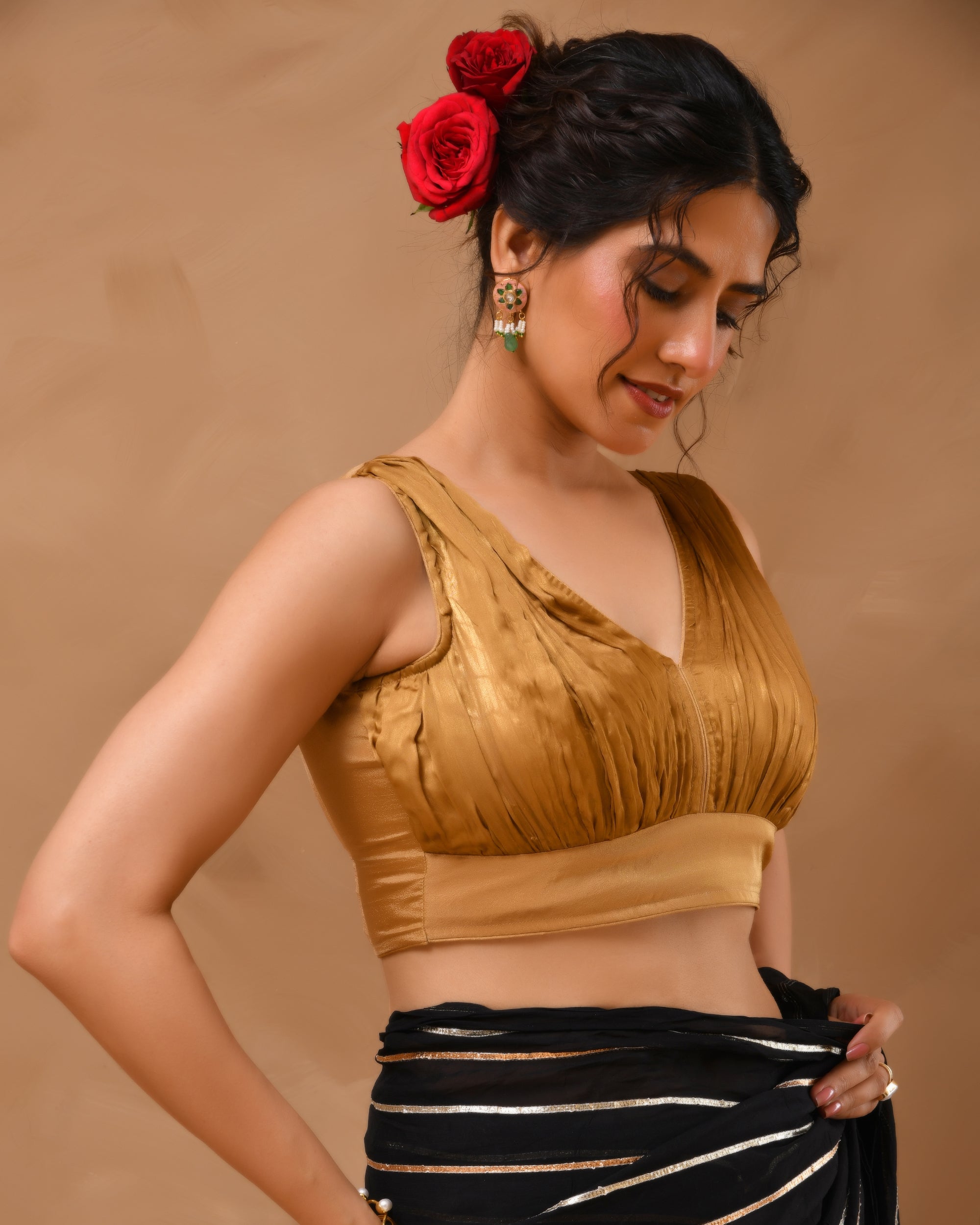 Dark Gold V neck Wrinkled sleeveless blouse