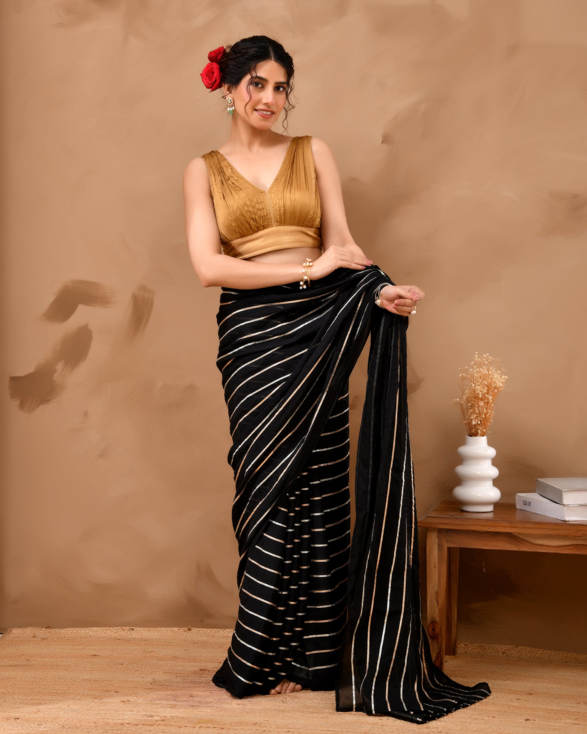 Dark Gold V neck Wrinkled sleeveless blouse