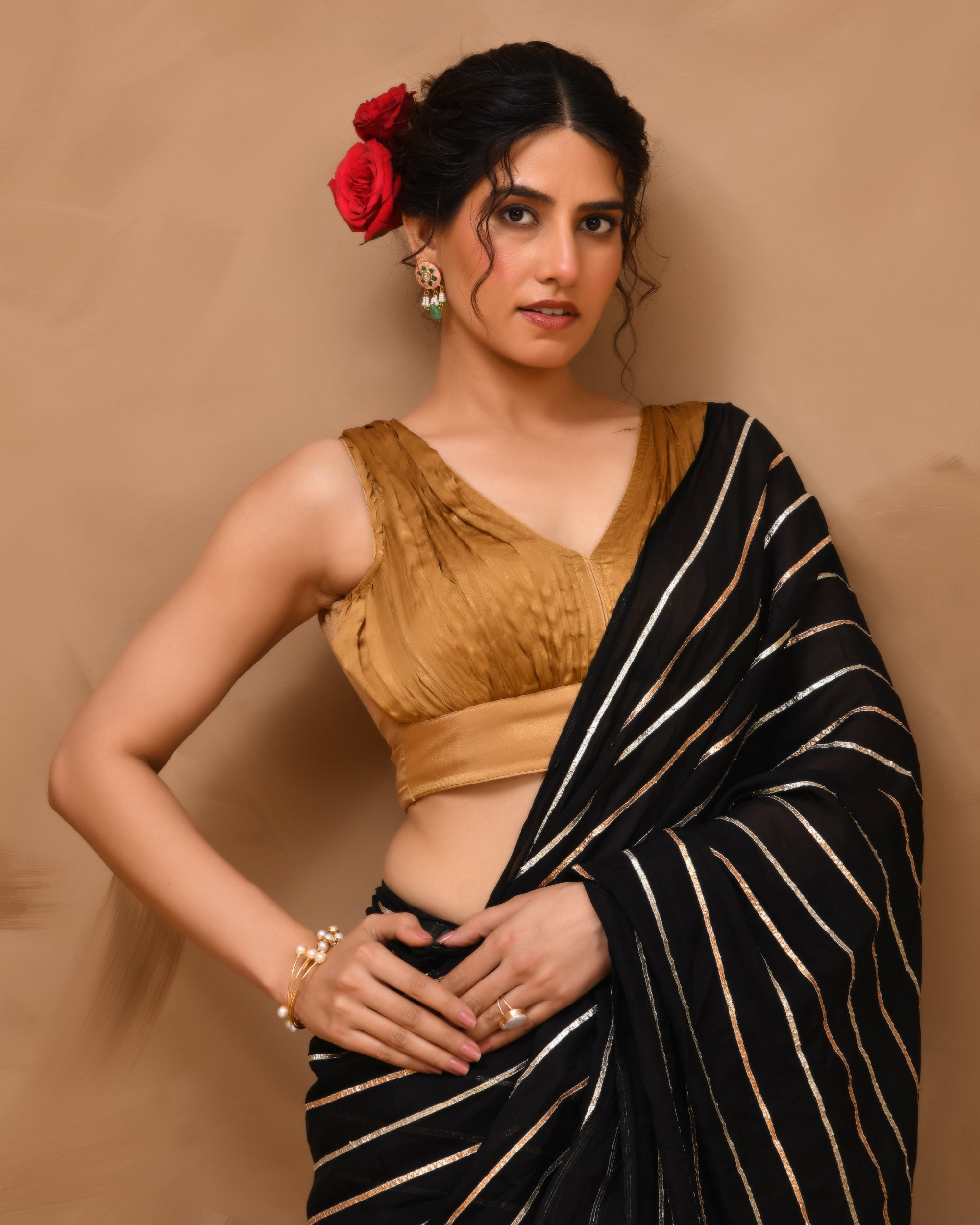 Dark Gold V neck Wrinkled sleeveless blouse