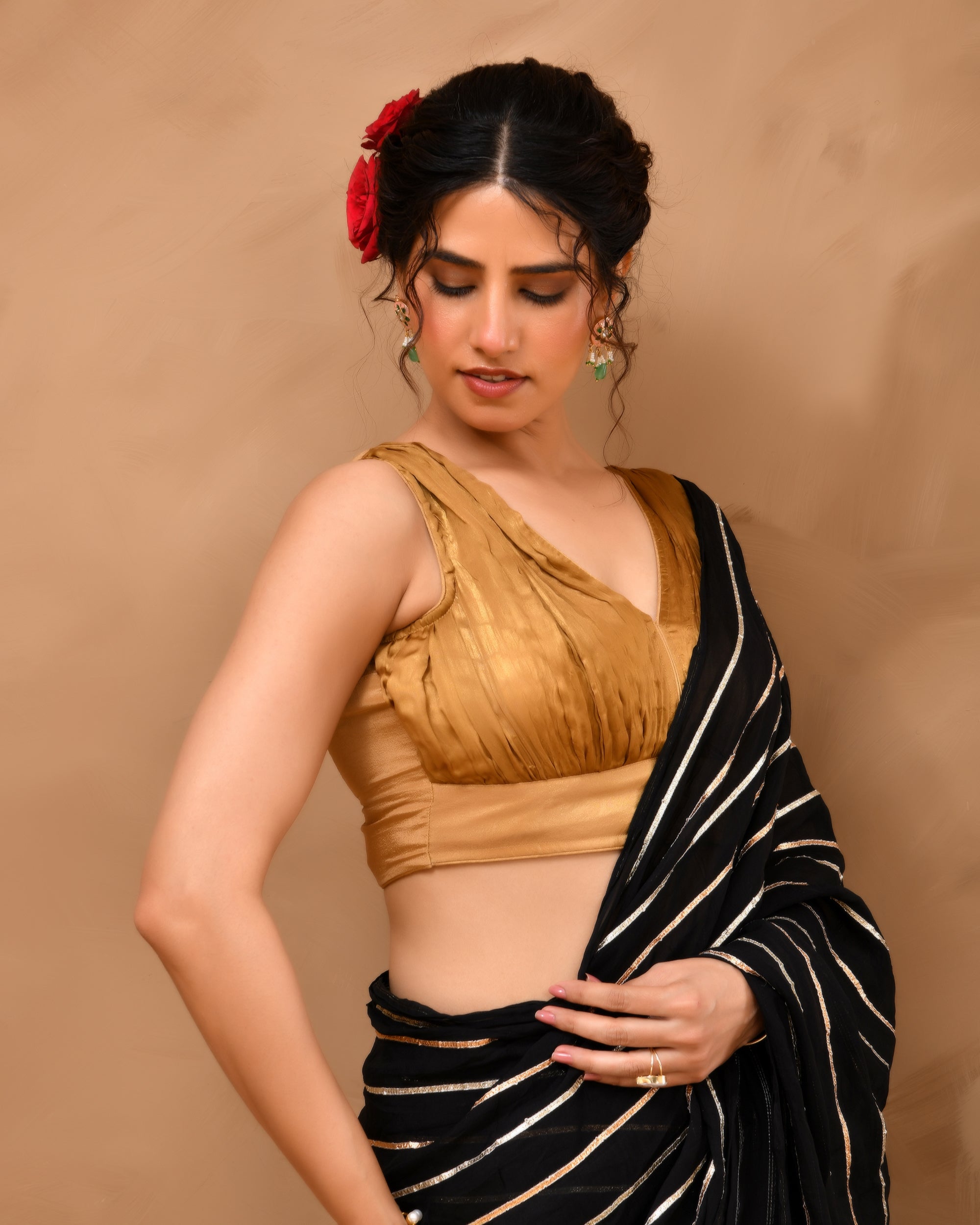 Dark Gold V neck Wrinkled sleeveless blouse