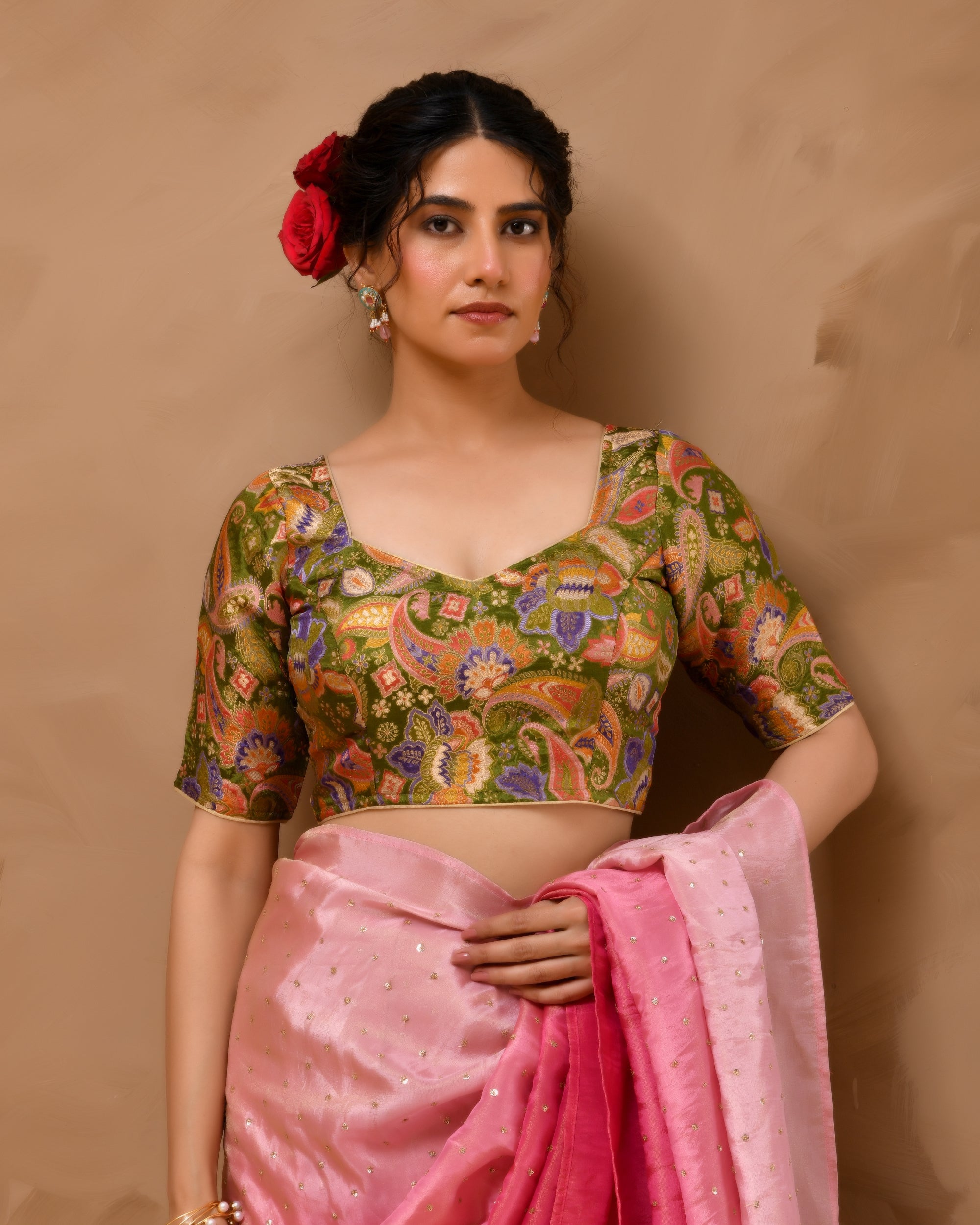 Heena Green Paisley Art Woven Brocade Blouse with Sleeves