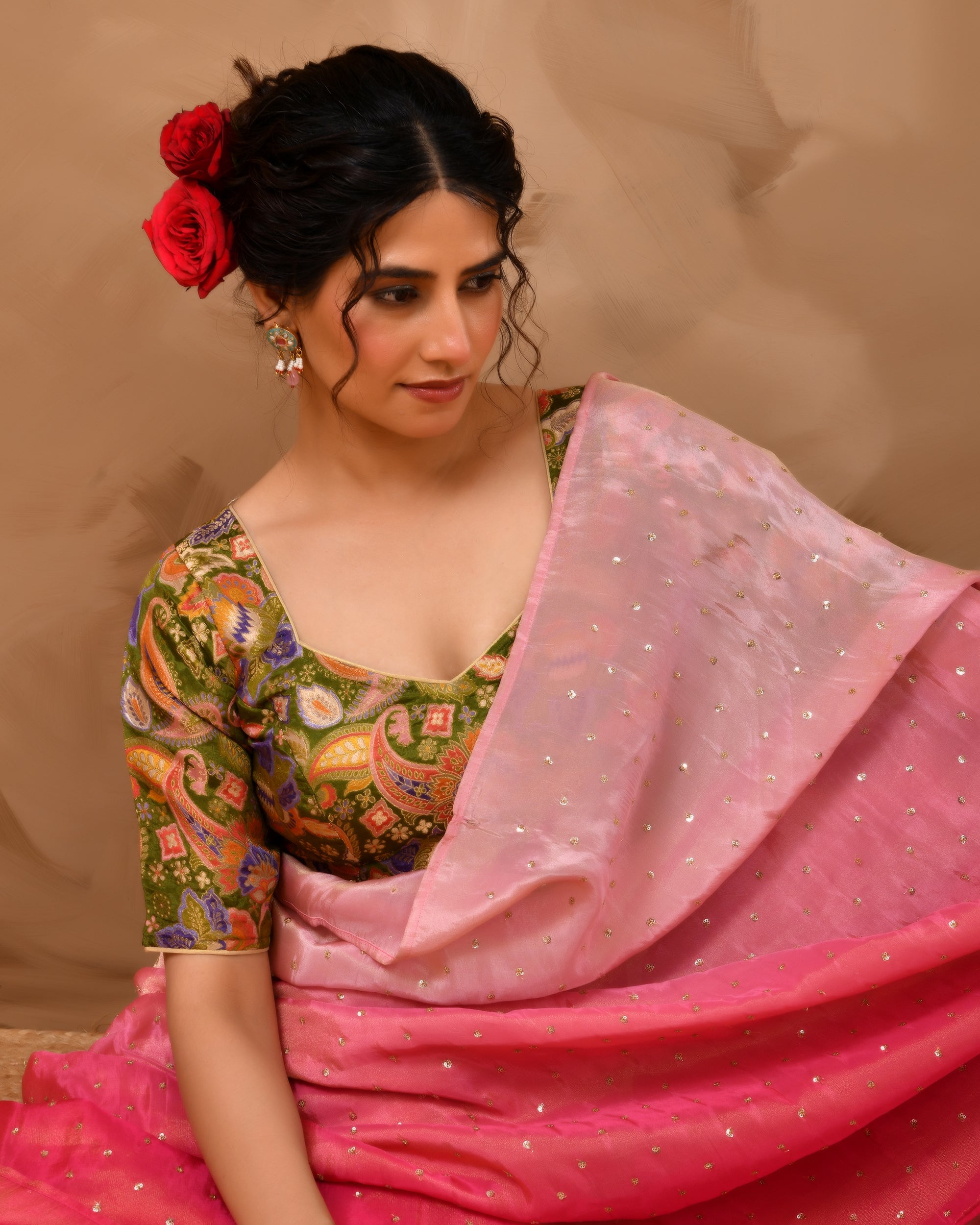 Heena Green Paisley Art Woven Brocade Blouse with Sleeves