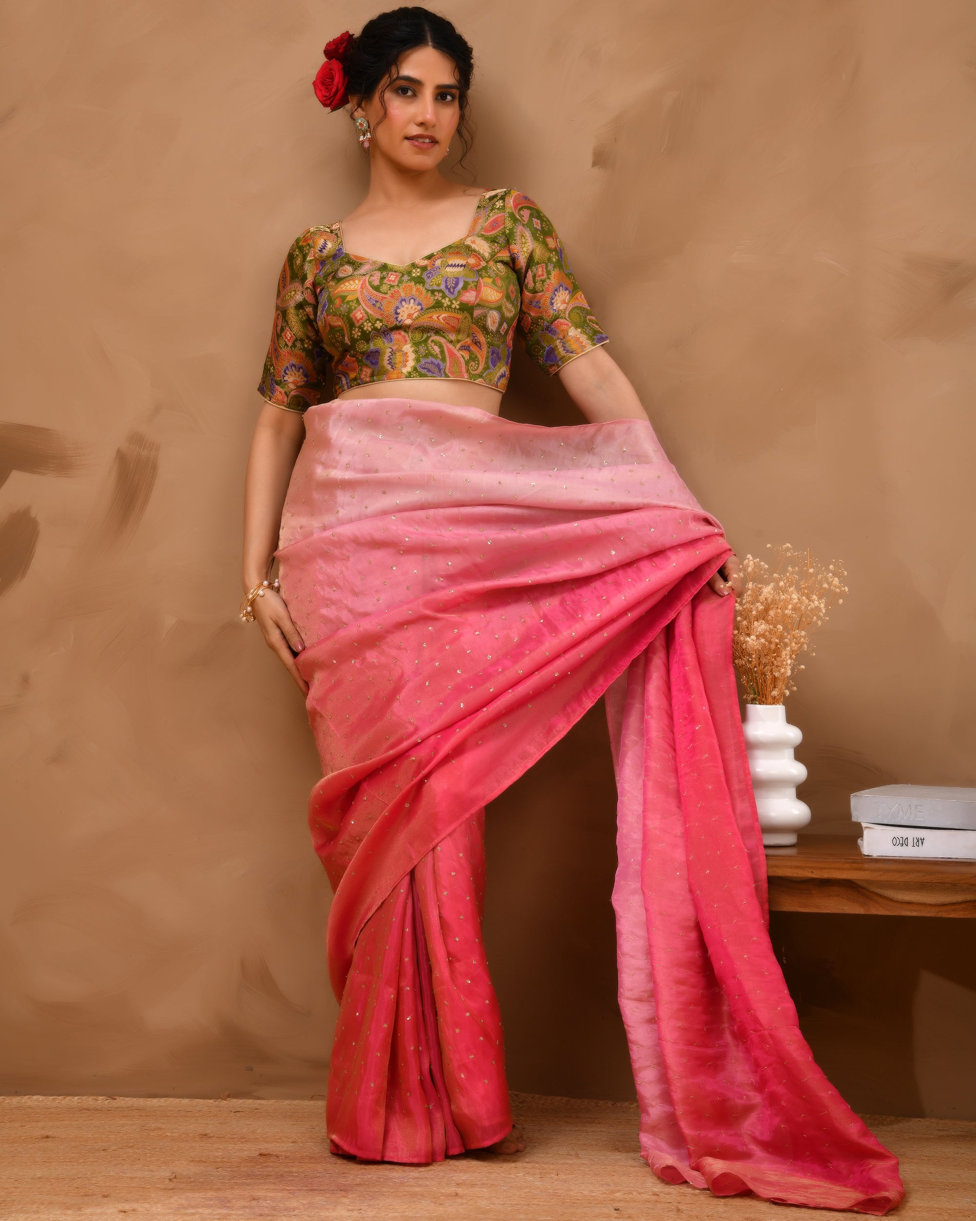 Heena Green Paisley Art Woven Brocade Blouse with Sleeves