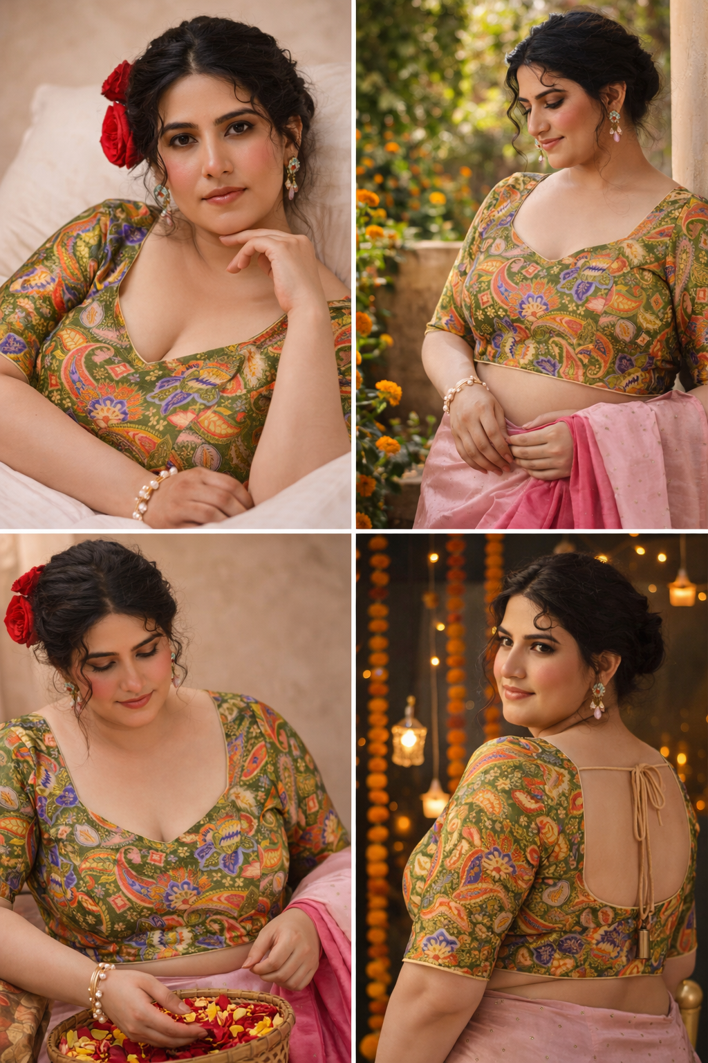 Heena Green Paisley Art Woven Brocade Blouse with Sleeves