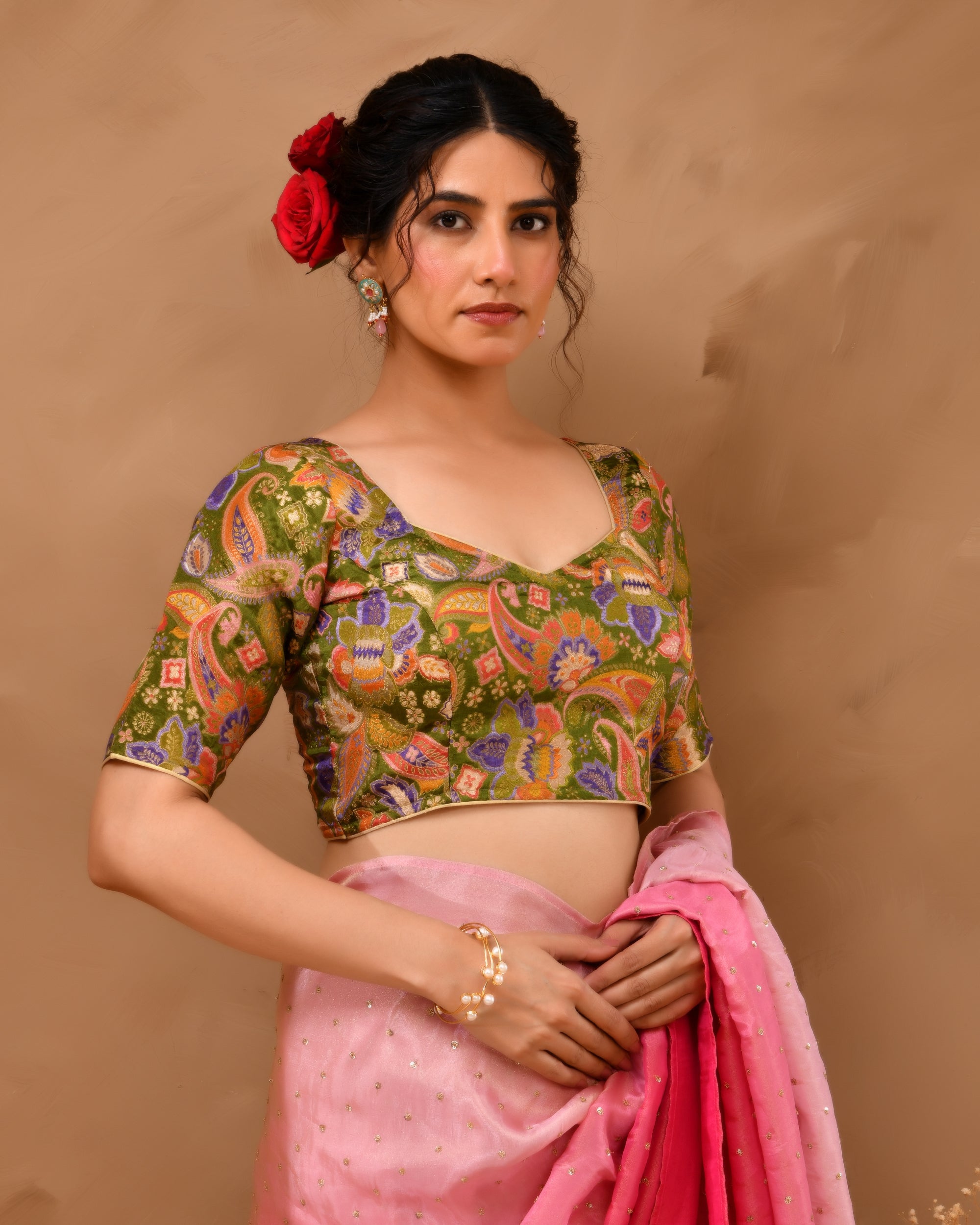 Heena Green Paisley Art Woven Brocade Blouse with Sleeves