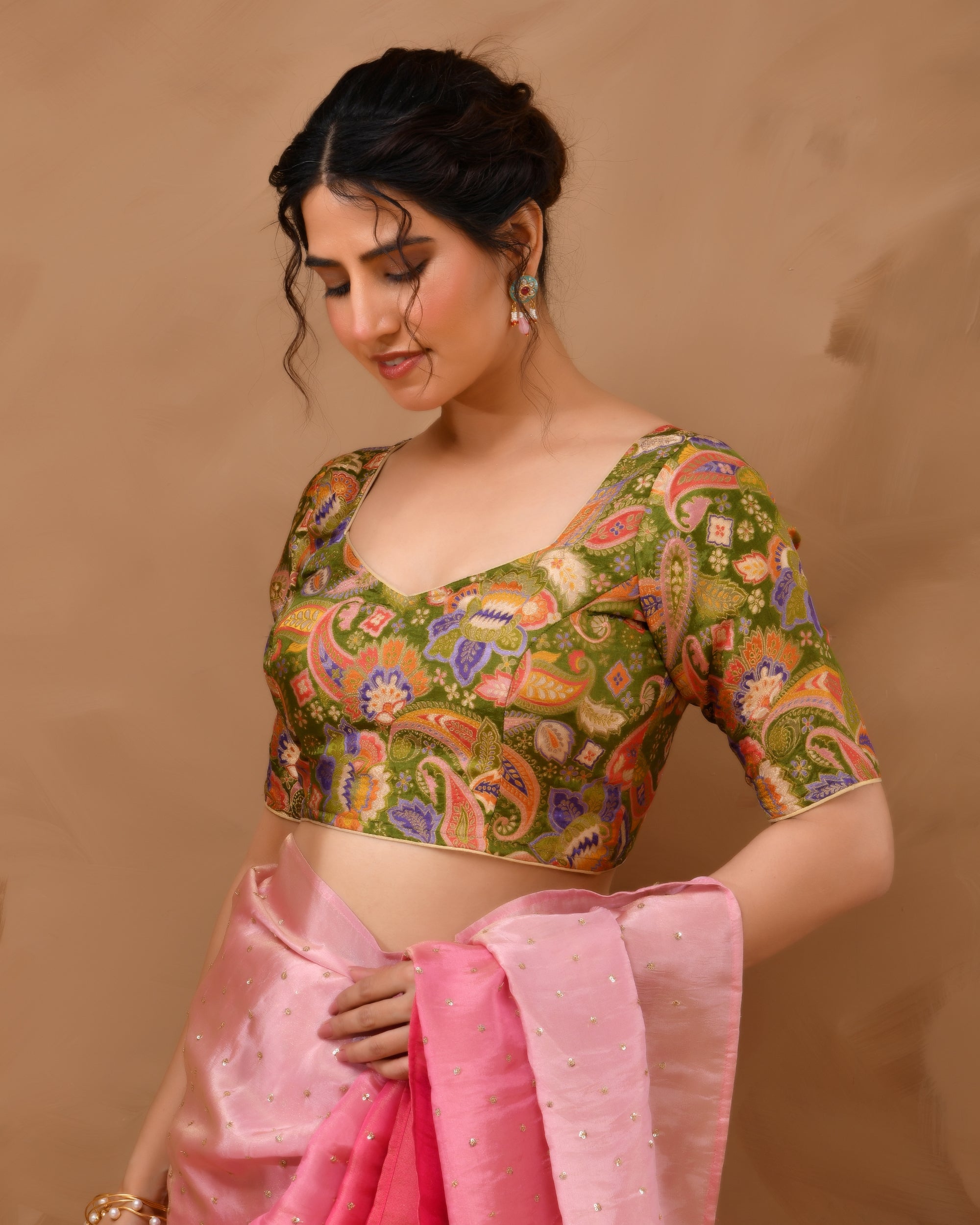 Heena Green Paisley Art Woven Brocade Blouse with Sleeves