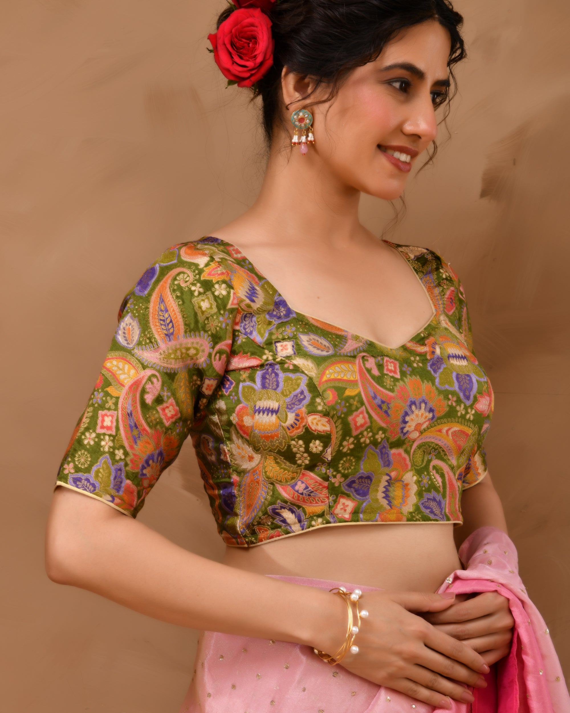 Heena Green Paisley Art Woven Brocade Blouse with Sleeves