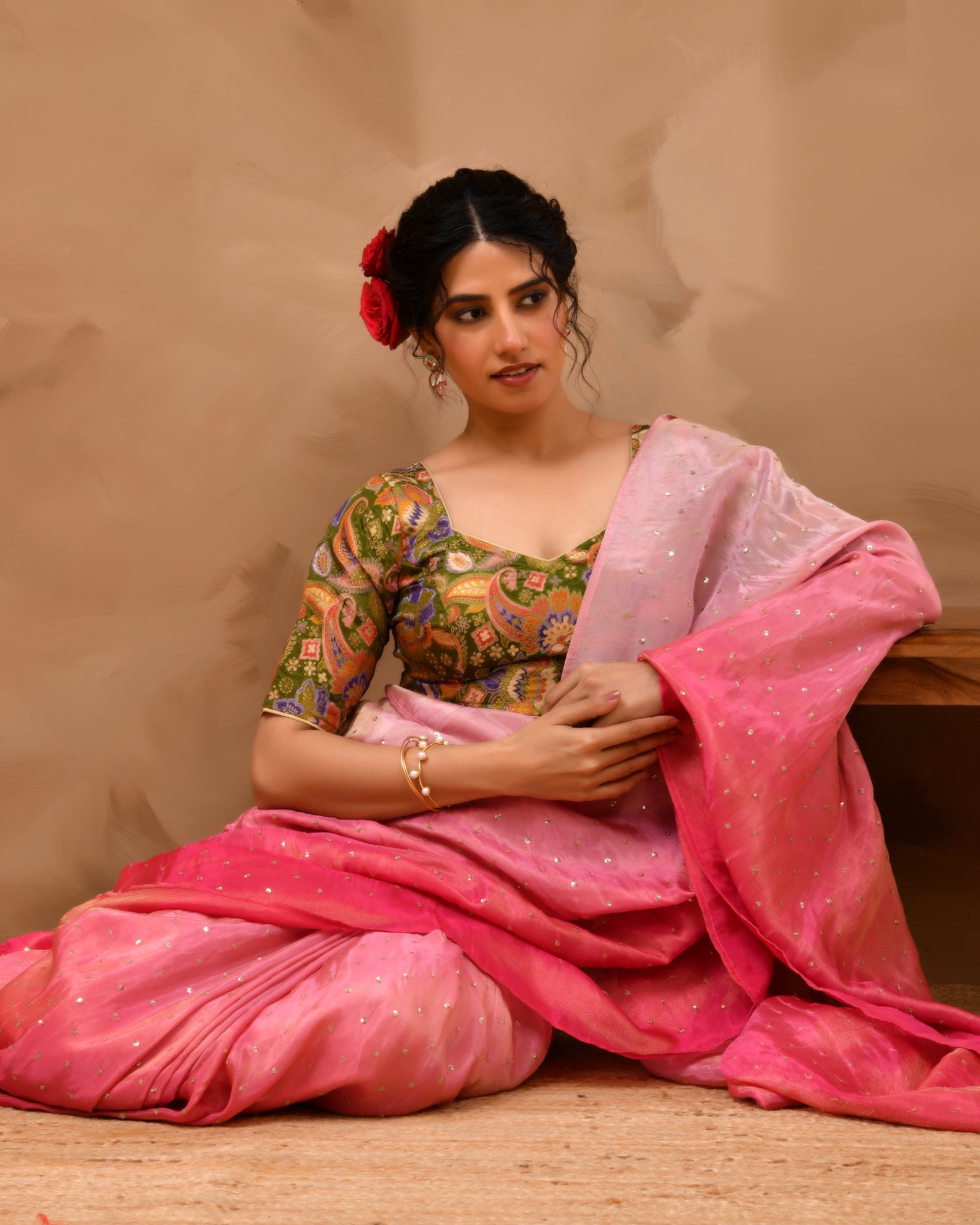 Heena Green Paisley Art Woven Brocade Blouse with Sleeves