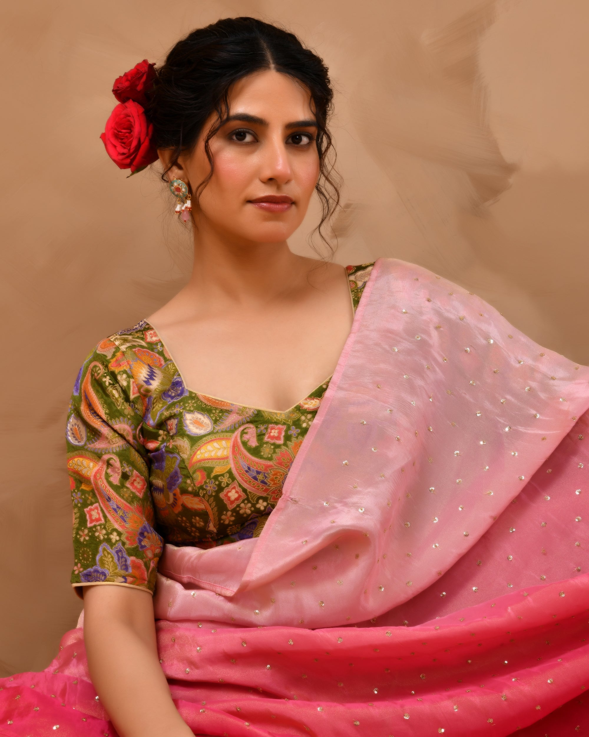 Heena Green Paisley Art Woven Brocade Blouse with Sleeves