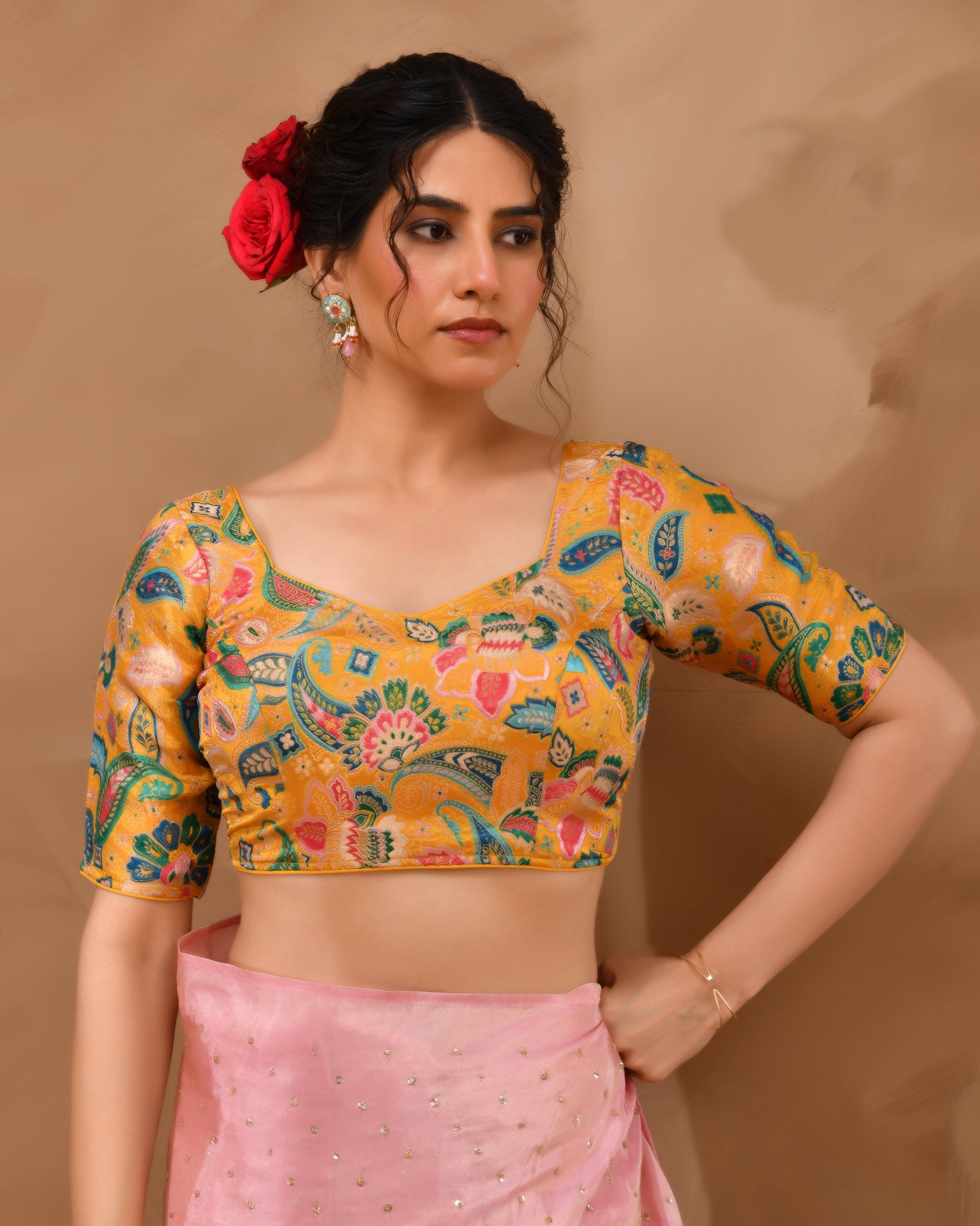 Mustard Paisley Art Woven Brocade Blouse with Sleeves