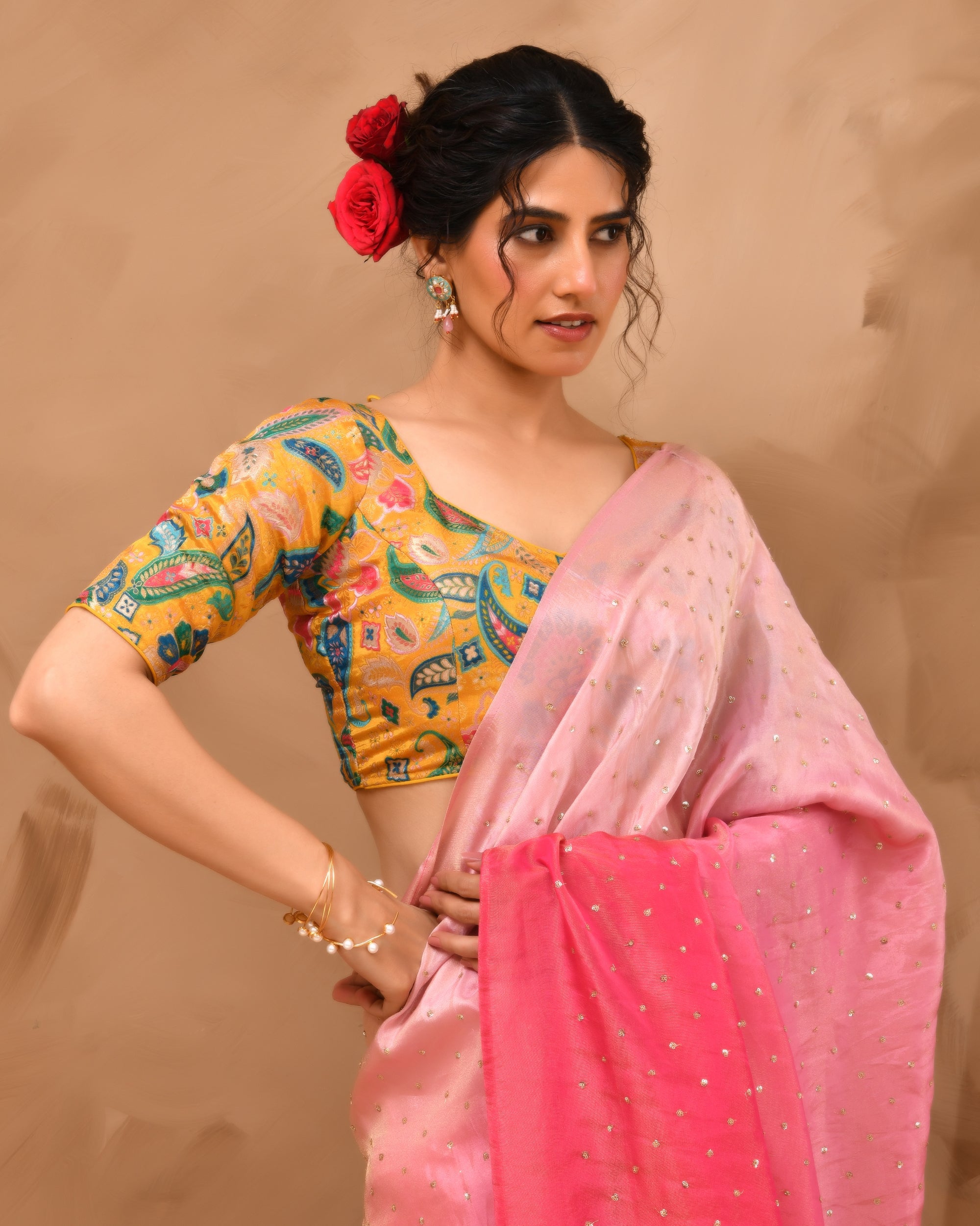 Mustard Paisley Art Woven Brocade Blouse with Sleeves