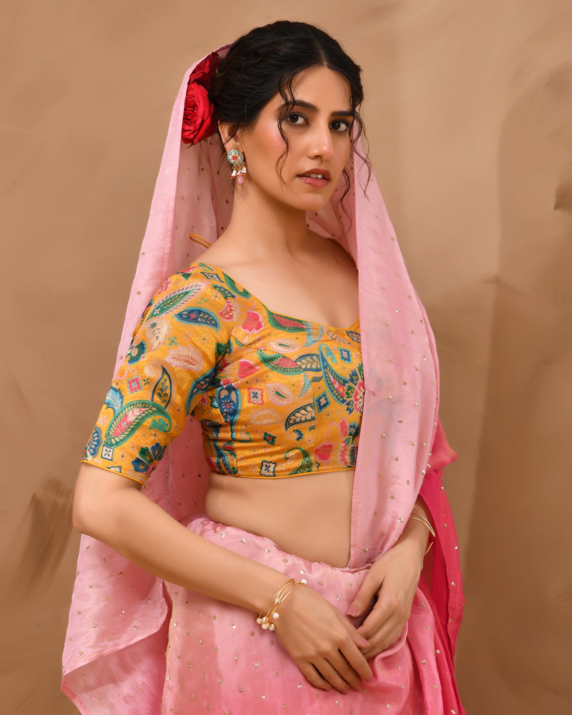 Mustard Paisley Art Woven Brocade Blouse with Sleeves