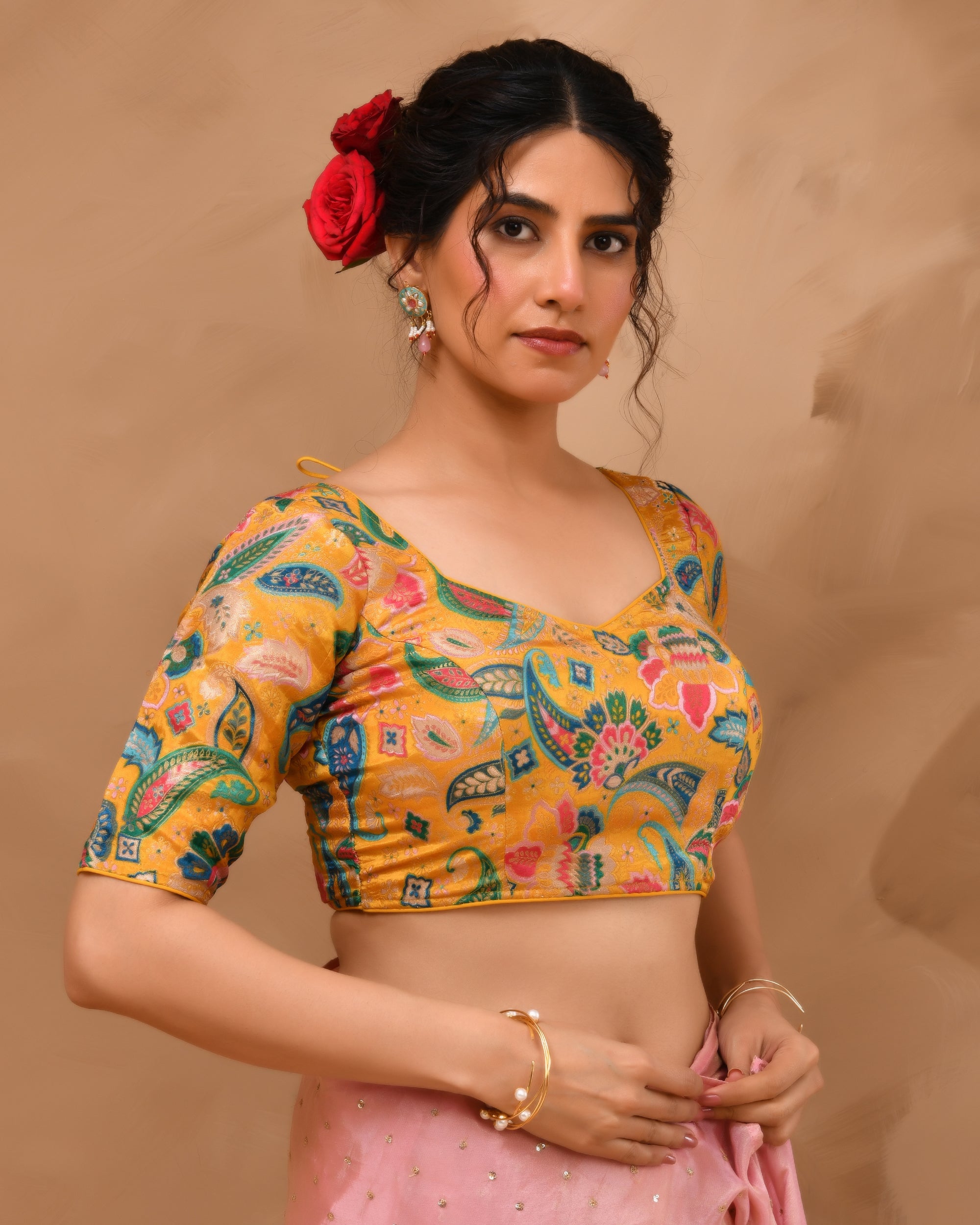 Mustard Paisley Art Woven Brocade Blouse with Sleeves