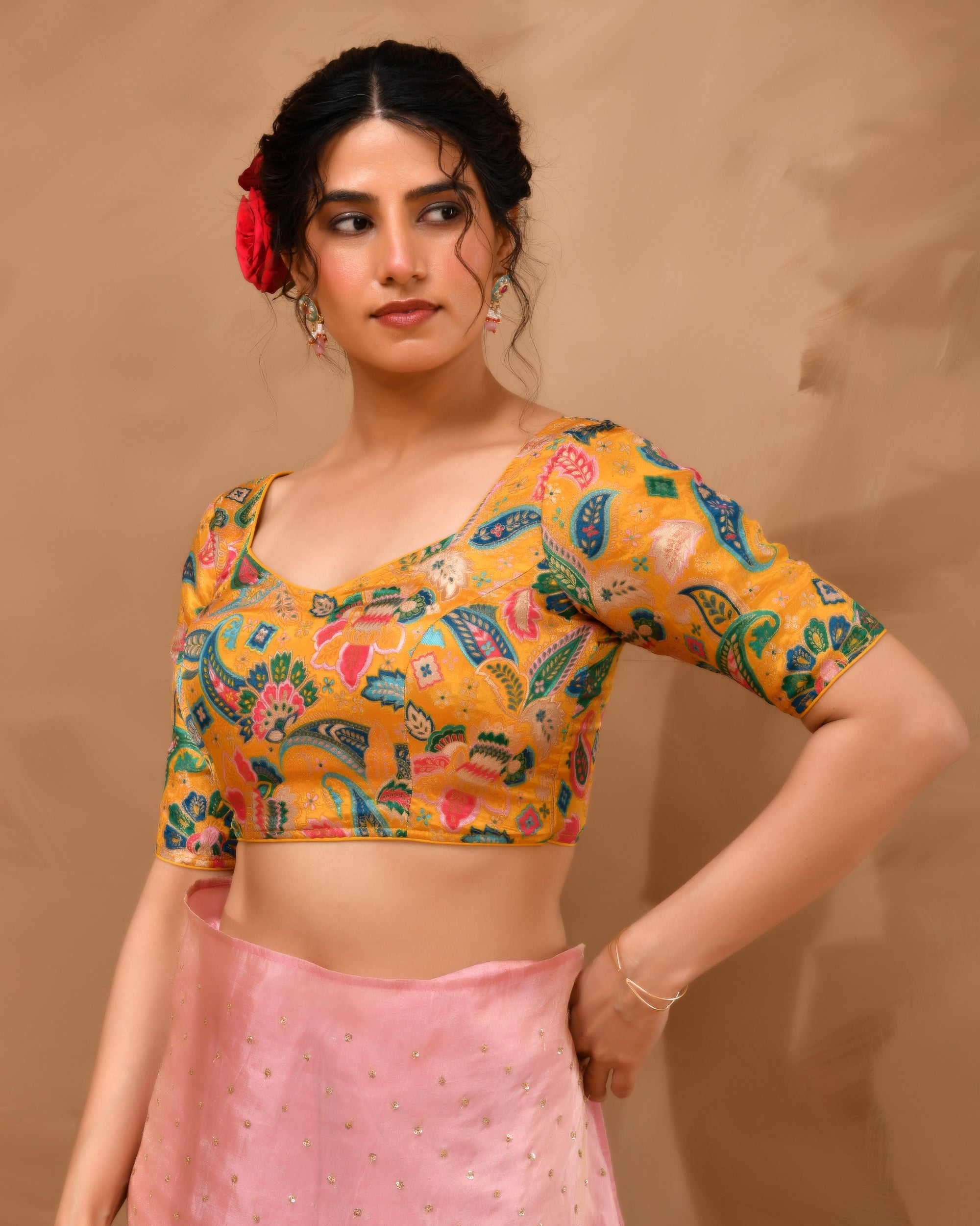 Mustard Paisley Art Woven Brocade Blouse with Sleeves