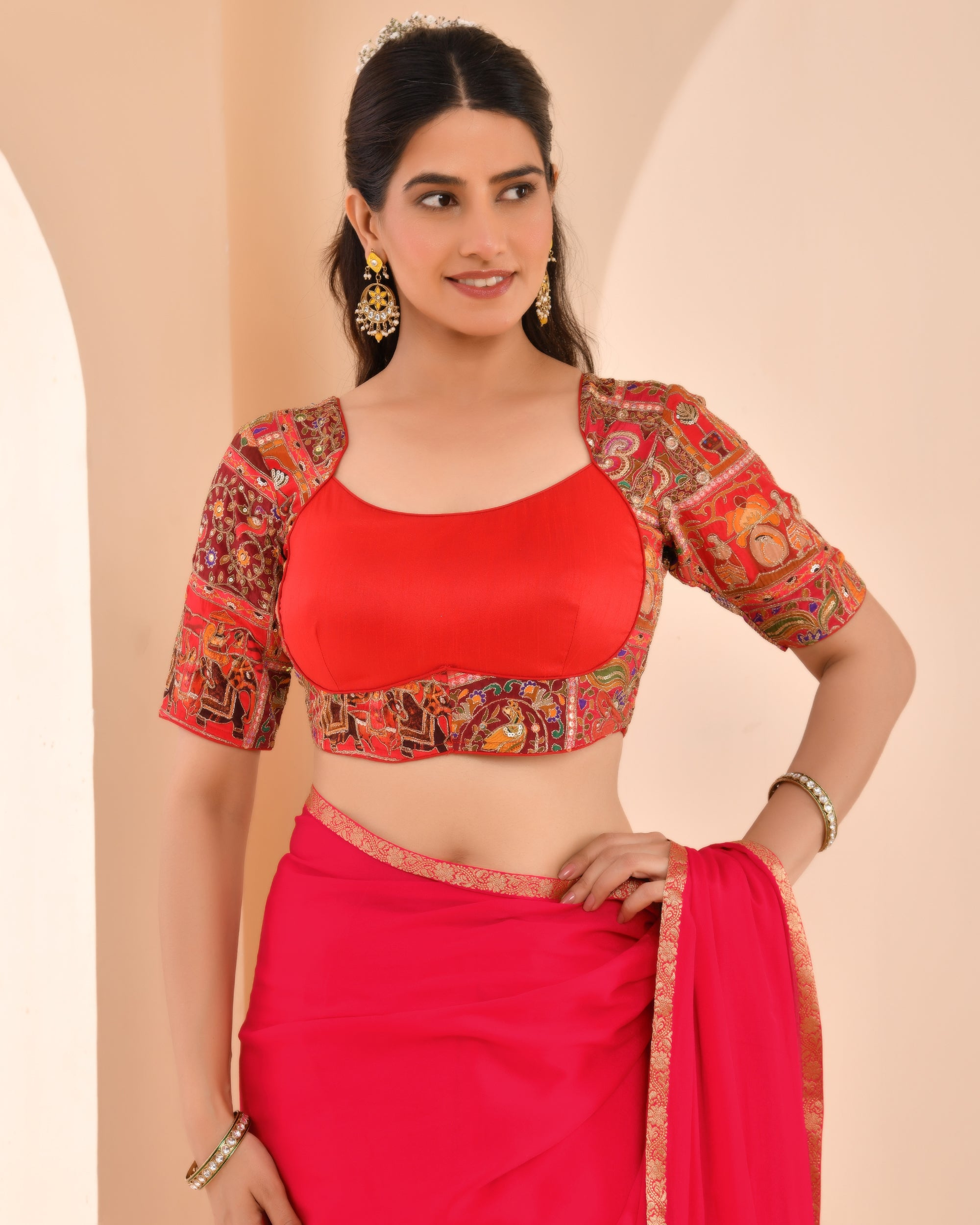 Madhubala Style Red Blouse With Sleeves