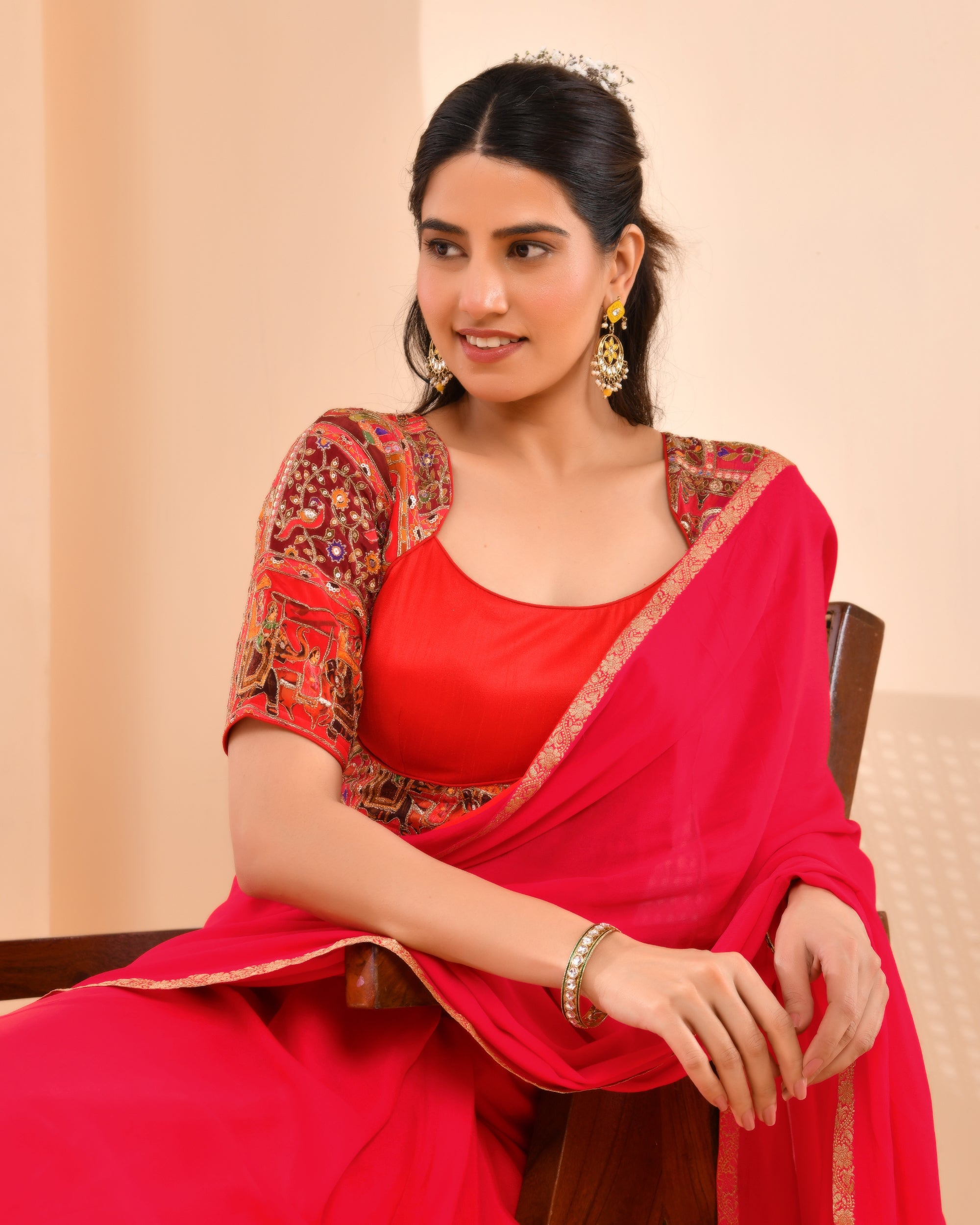 Madhubala Style Red Blouse With Sleeves