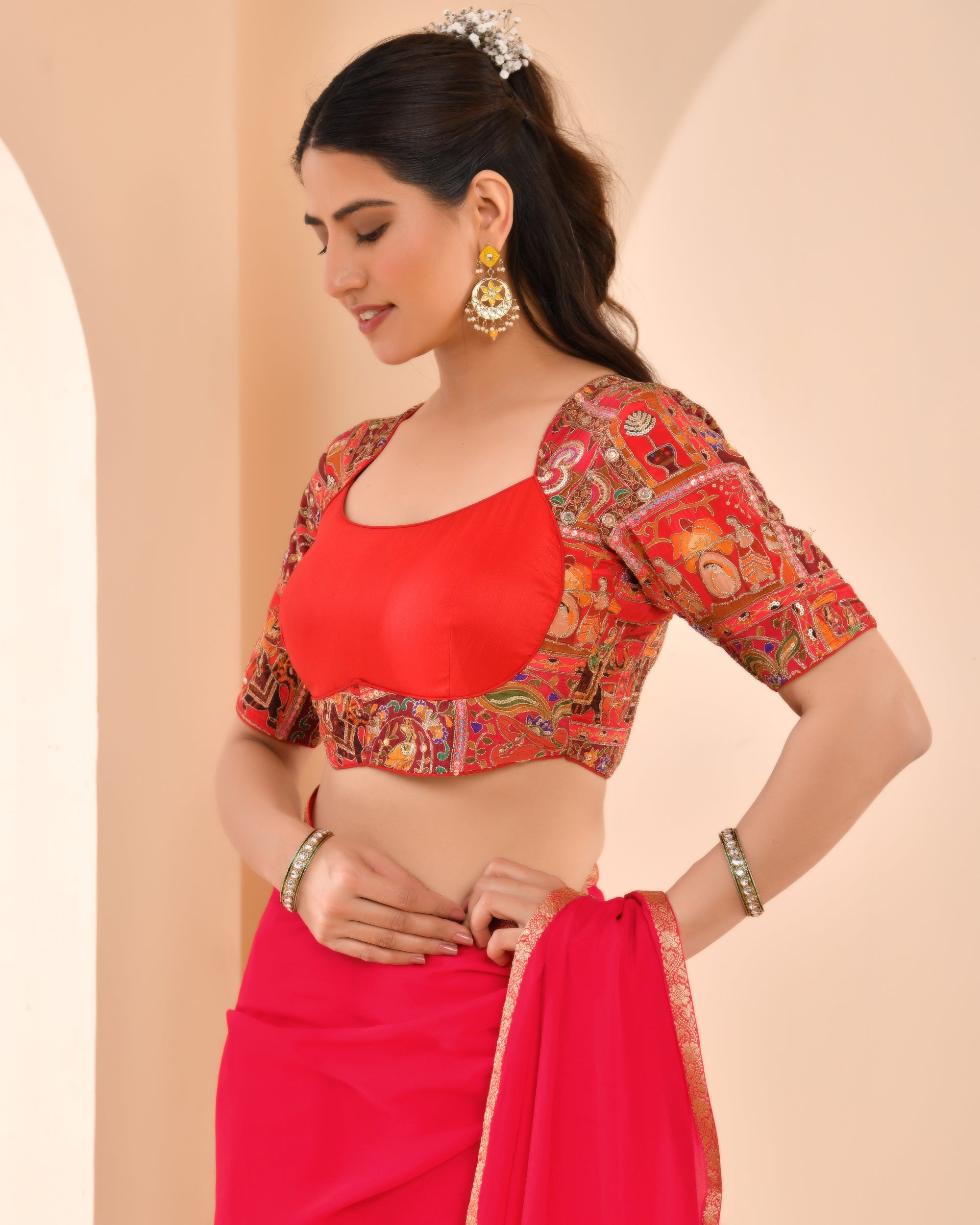 Madhubala Style Red Blouse With Sleeves