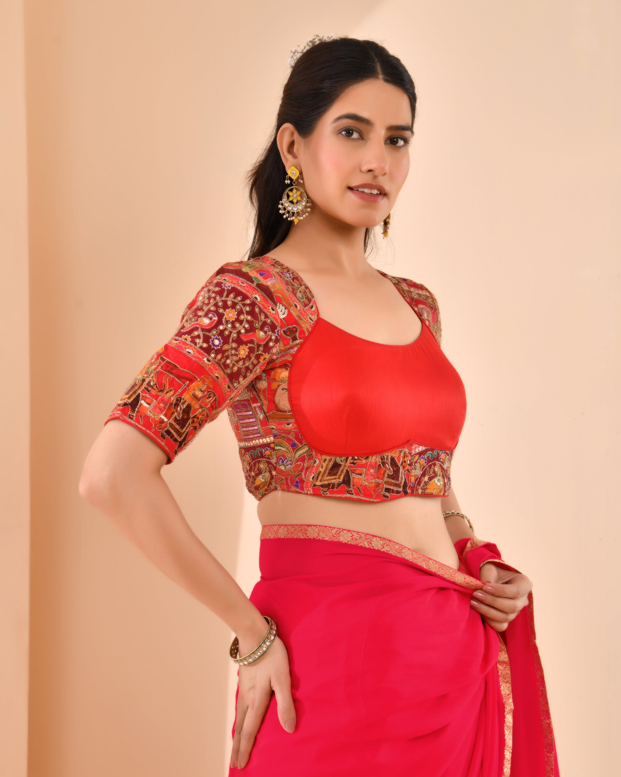 Madhubala Style Red Blouse With Sleeves