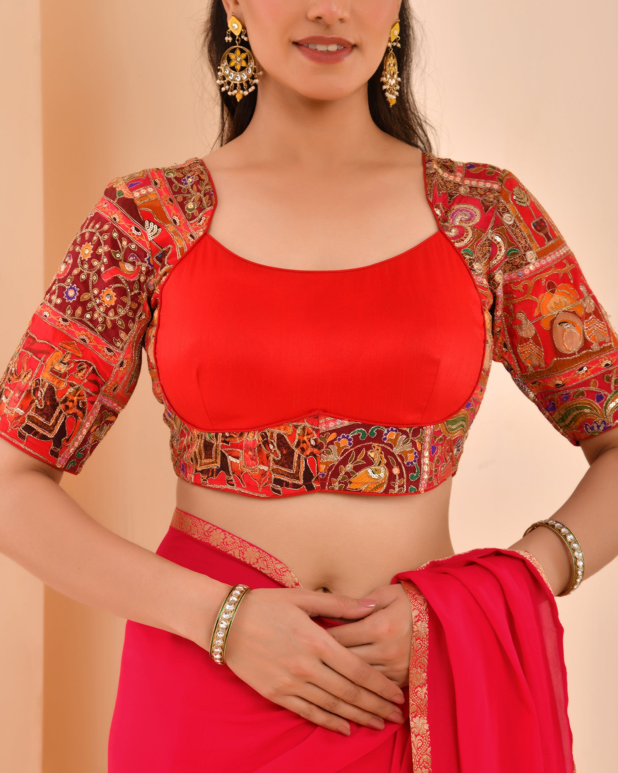 Madhubala Style Red Blouse With Sleeves