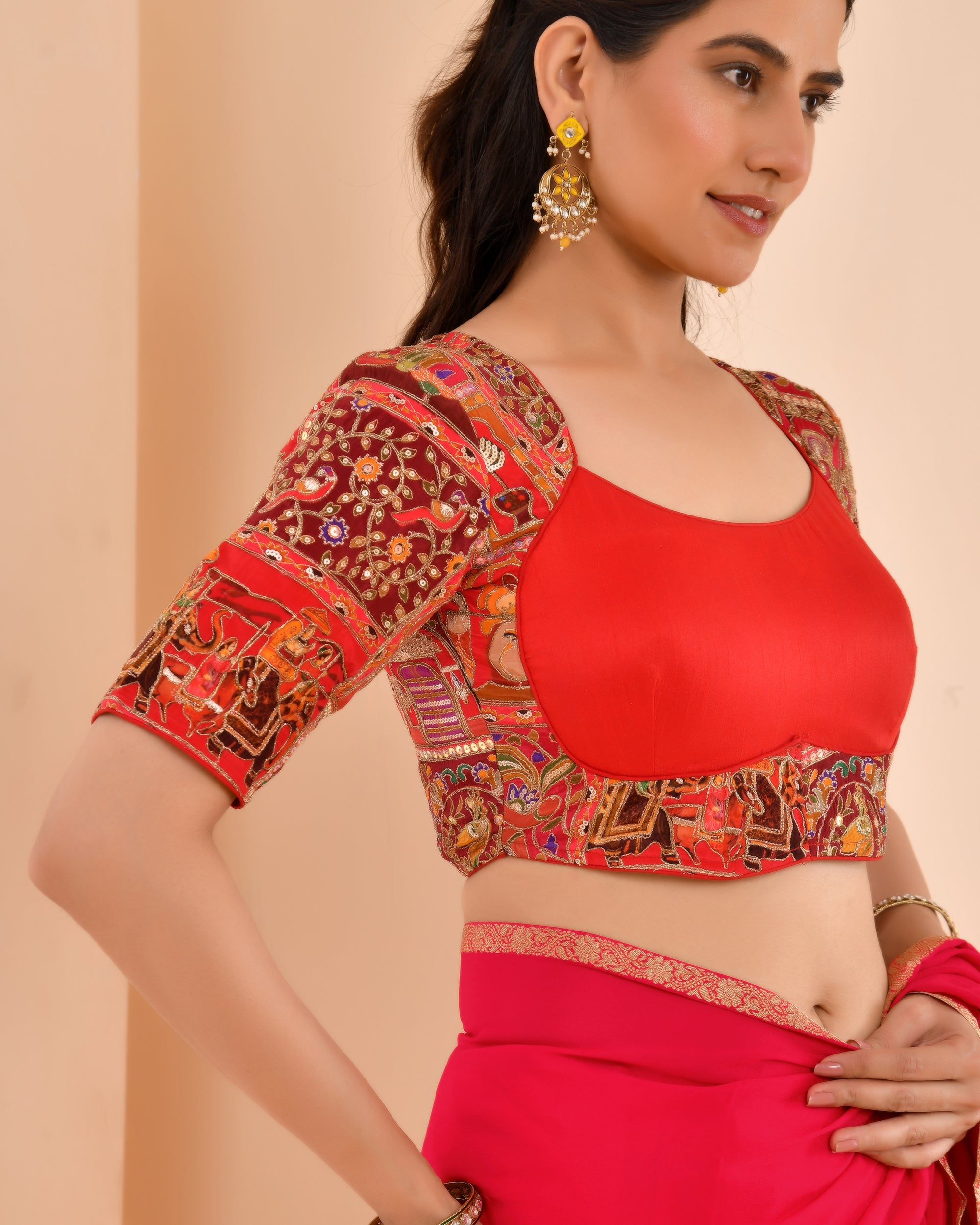 Madhubala Style Red Blouse With Sleeves