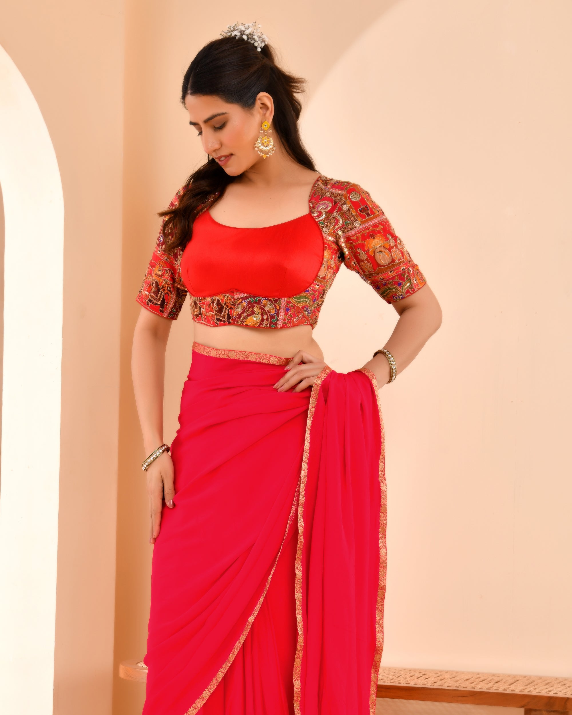 Madhubala Style Red Blouse With Sleeves