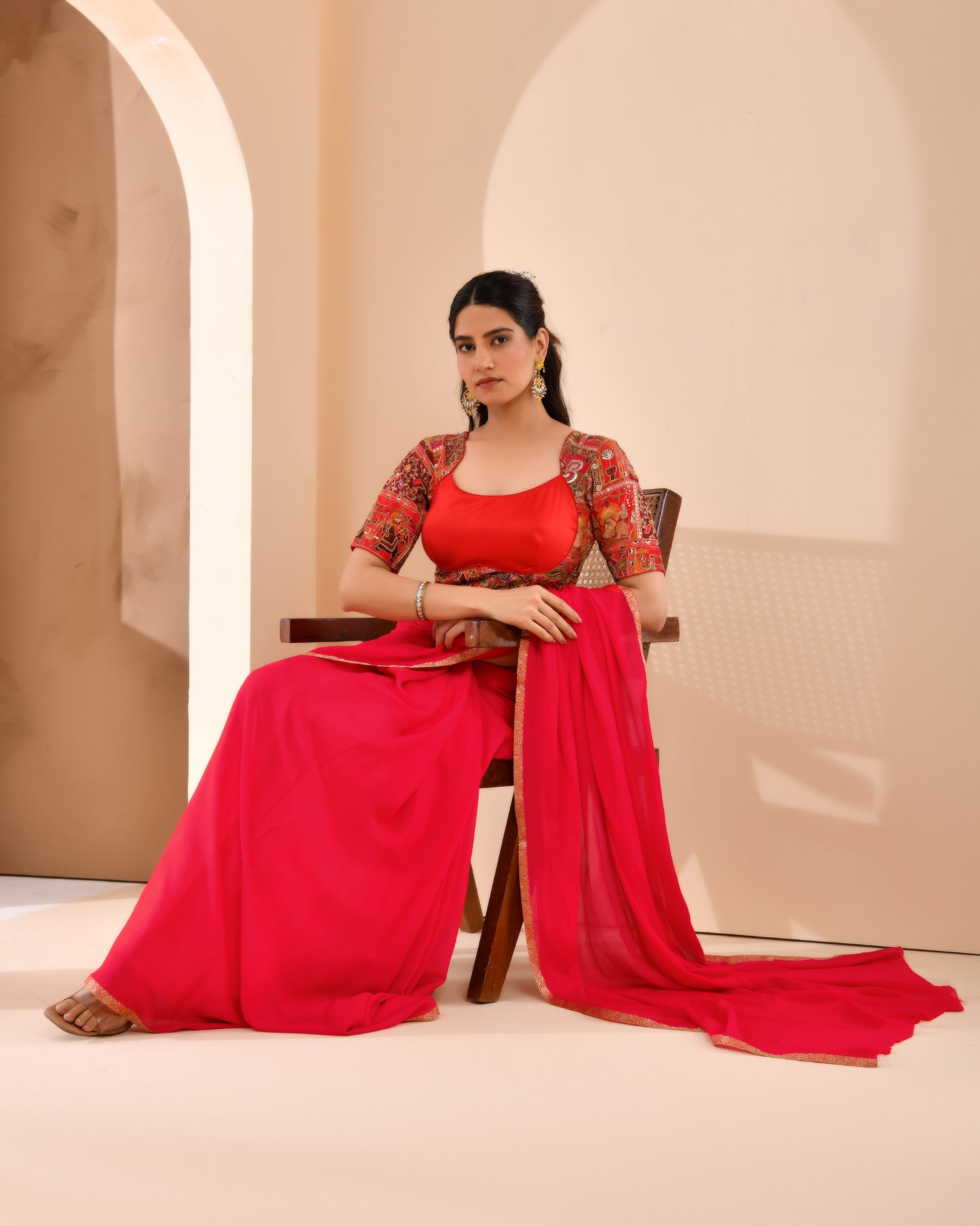 Madhubala Style Red Blouse With Sleeves