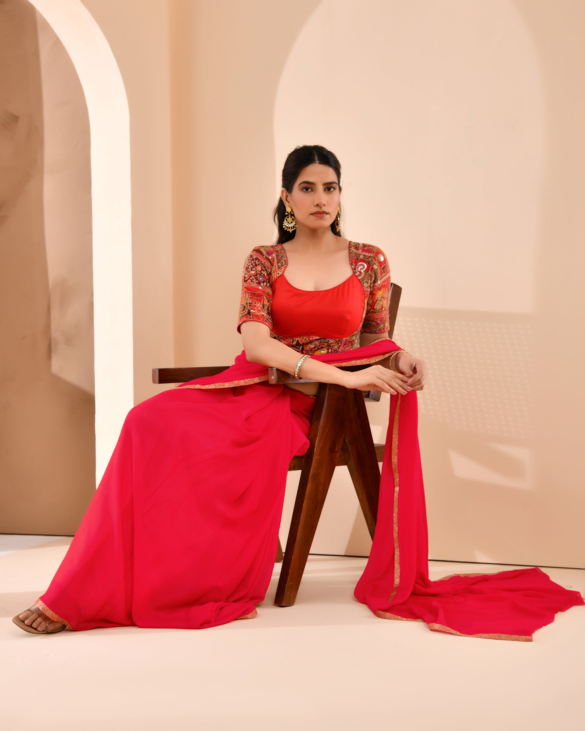 Madhubala Style Red Blouse With Sleeves