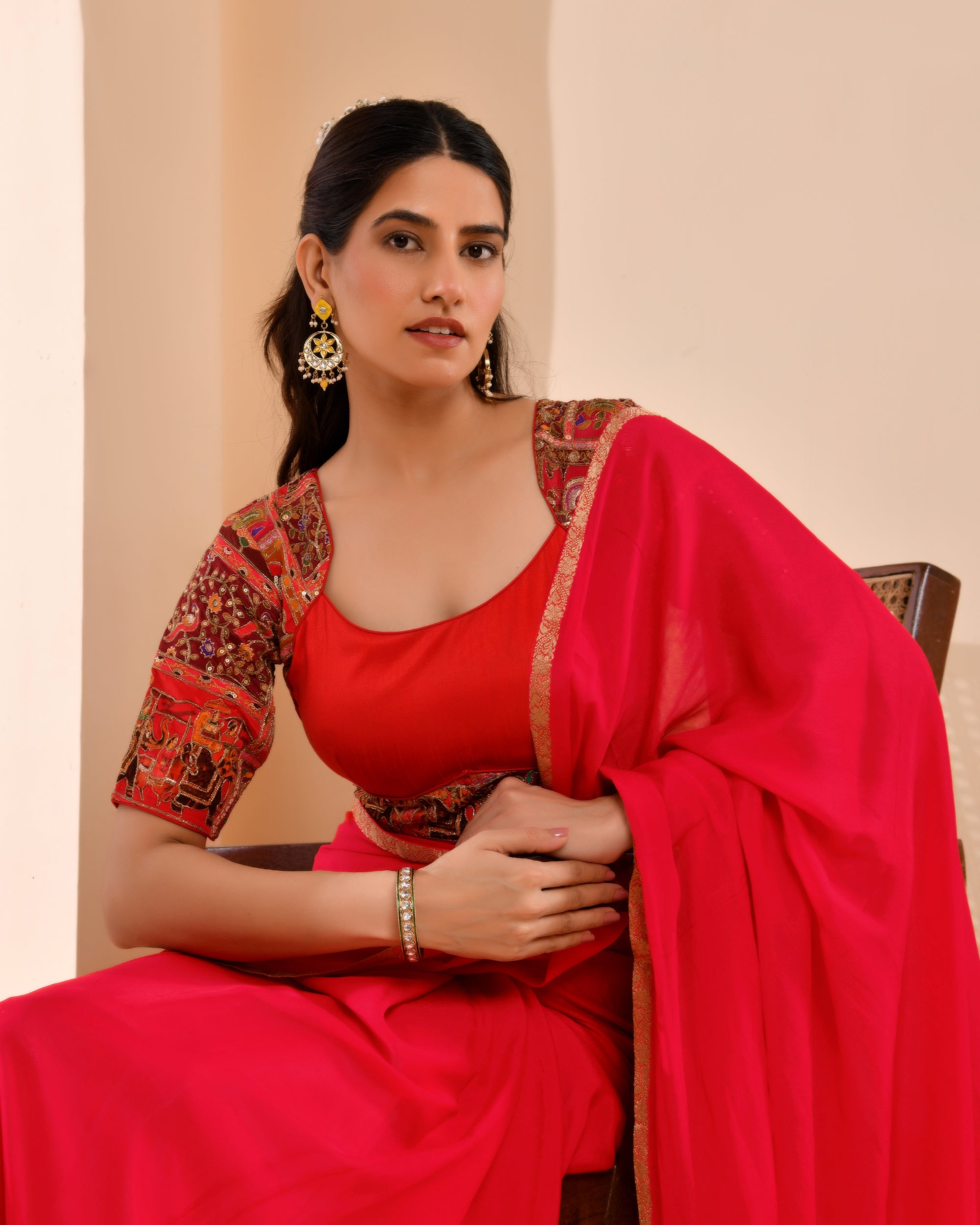 Madhubala Style Red Blouse With Sleeves