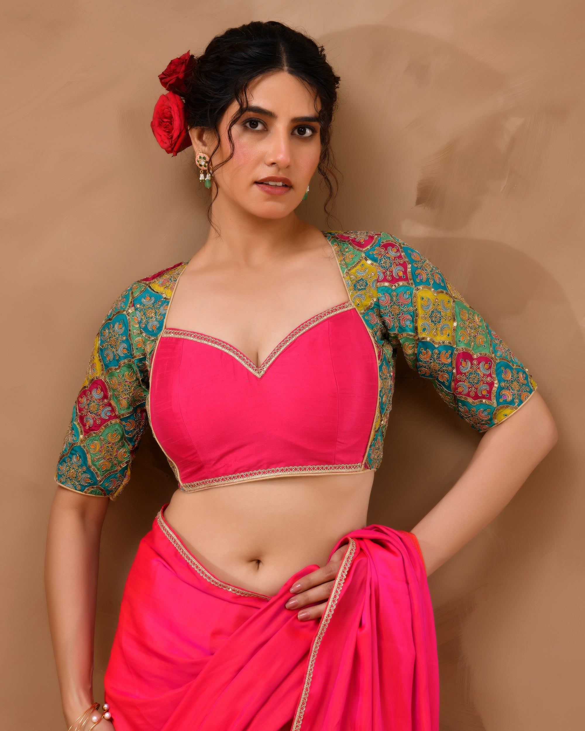 Madhubala Style Pink Blouse With Sleeves