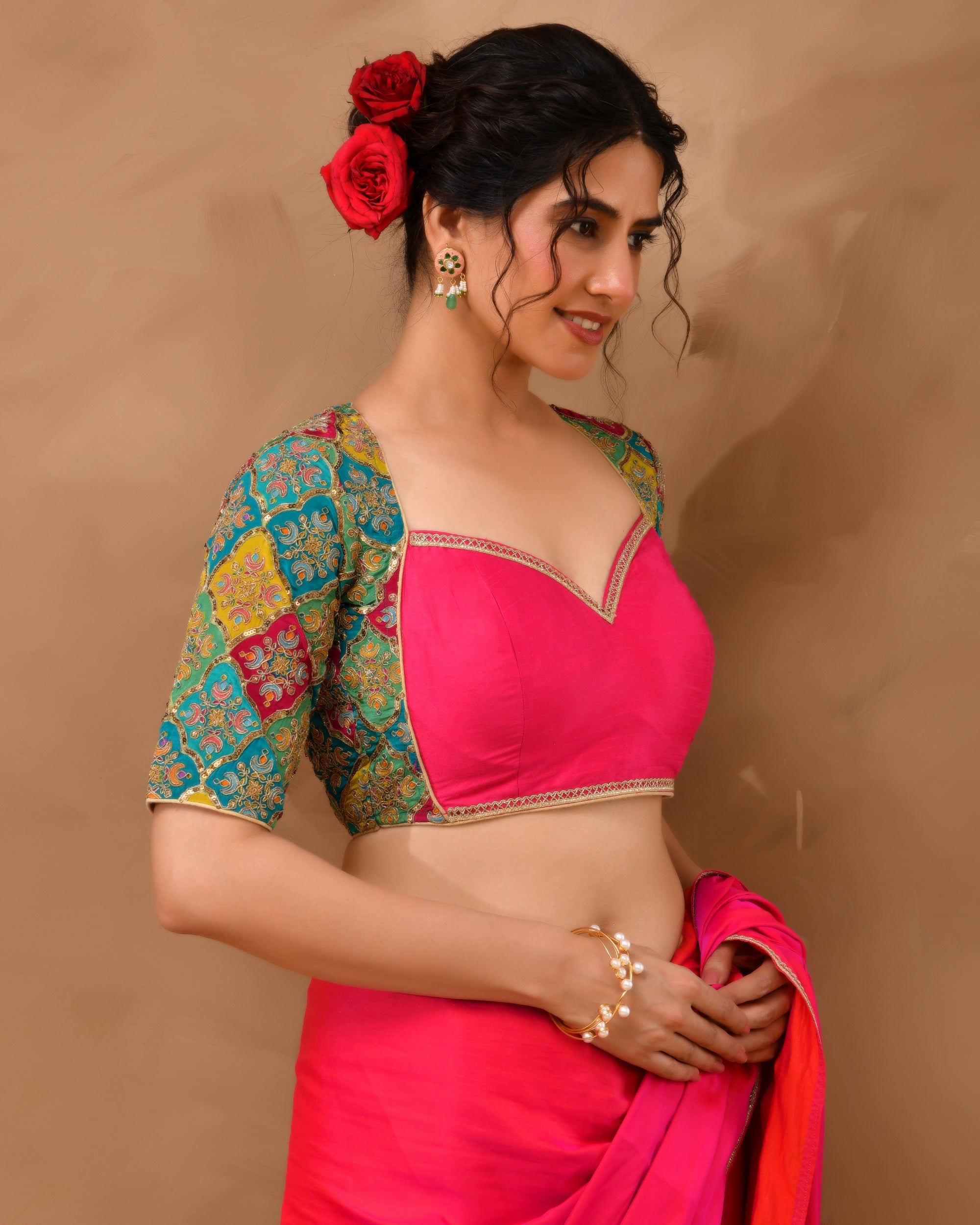 Madhubala Style Pink Blouse With Sleeves