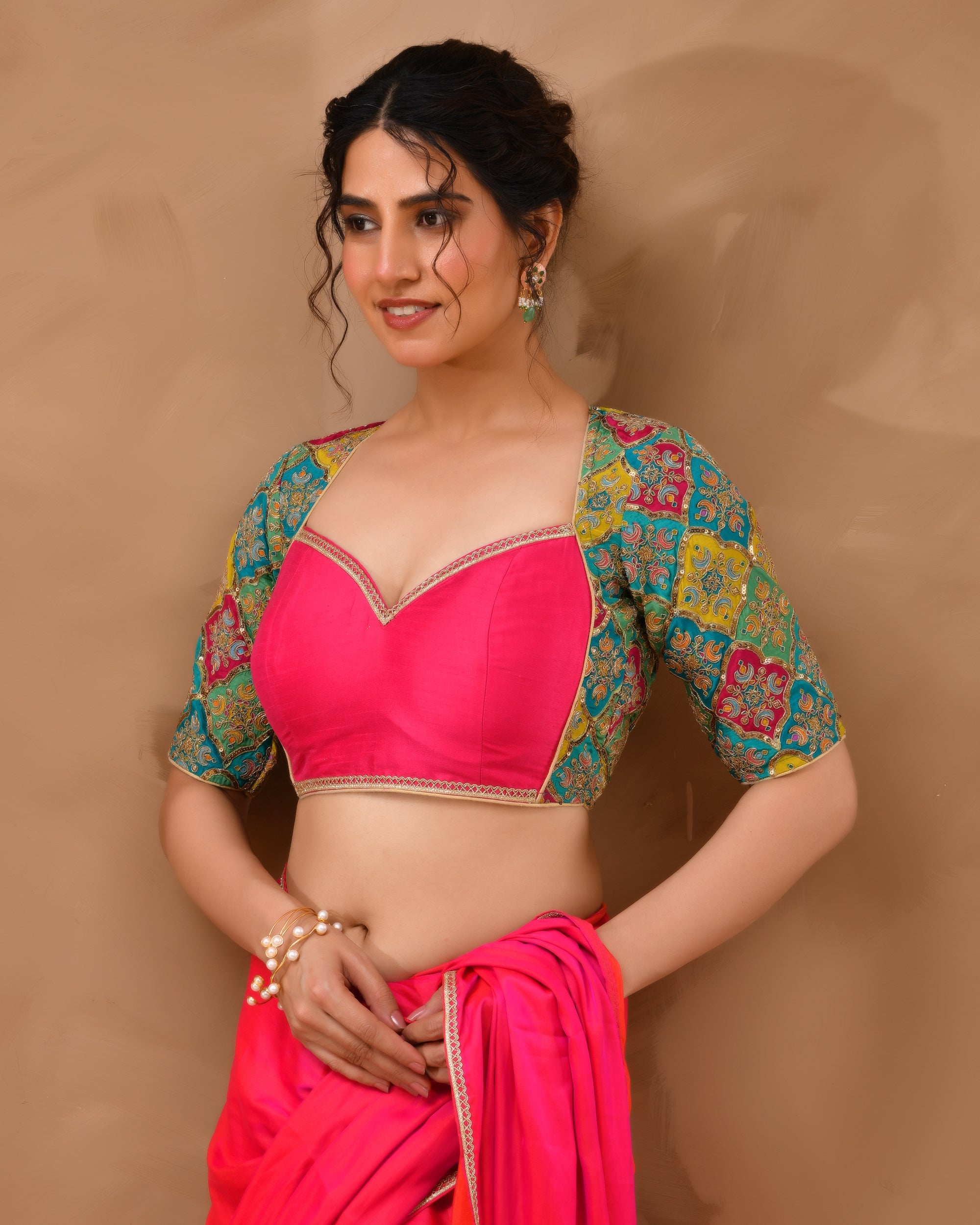 Madhubala Style Pink Blouse With Sleeves