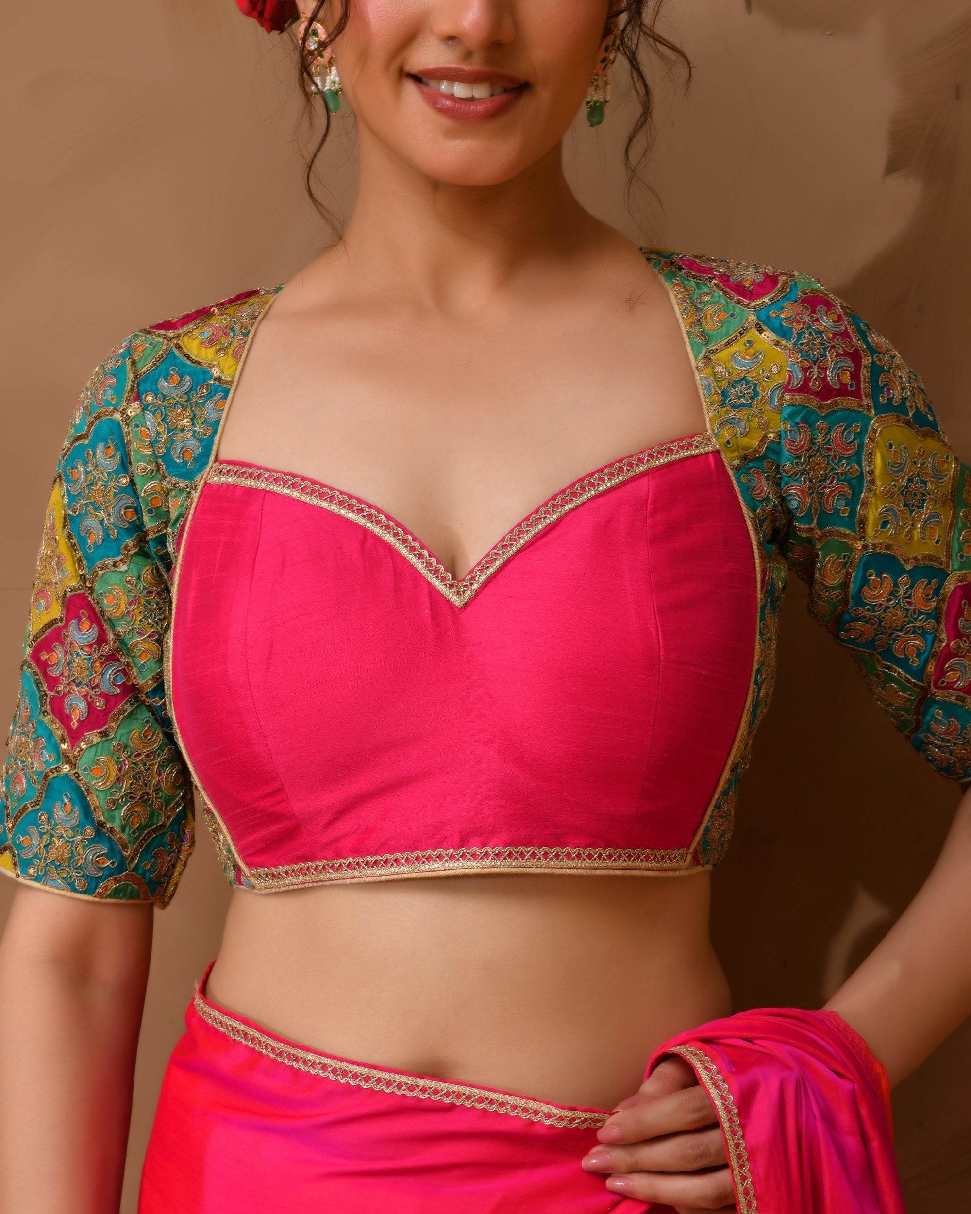 Madhubala Style Pink Blouse With Sleeves