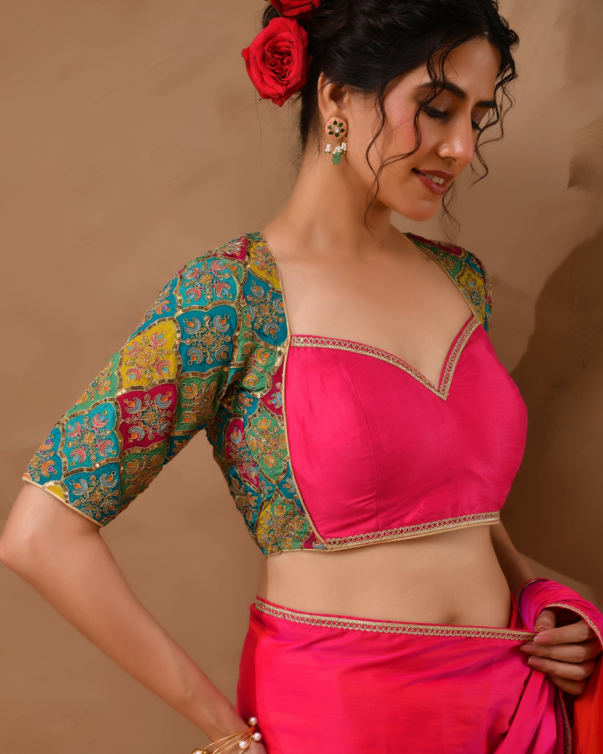 Madhubala Style Pink Blouse With Sleeves