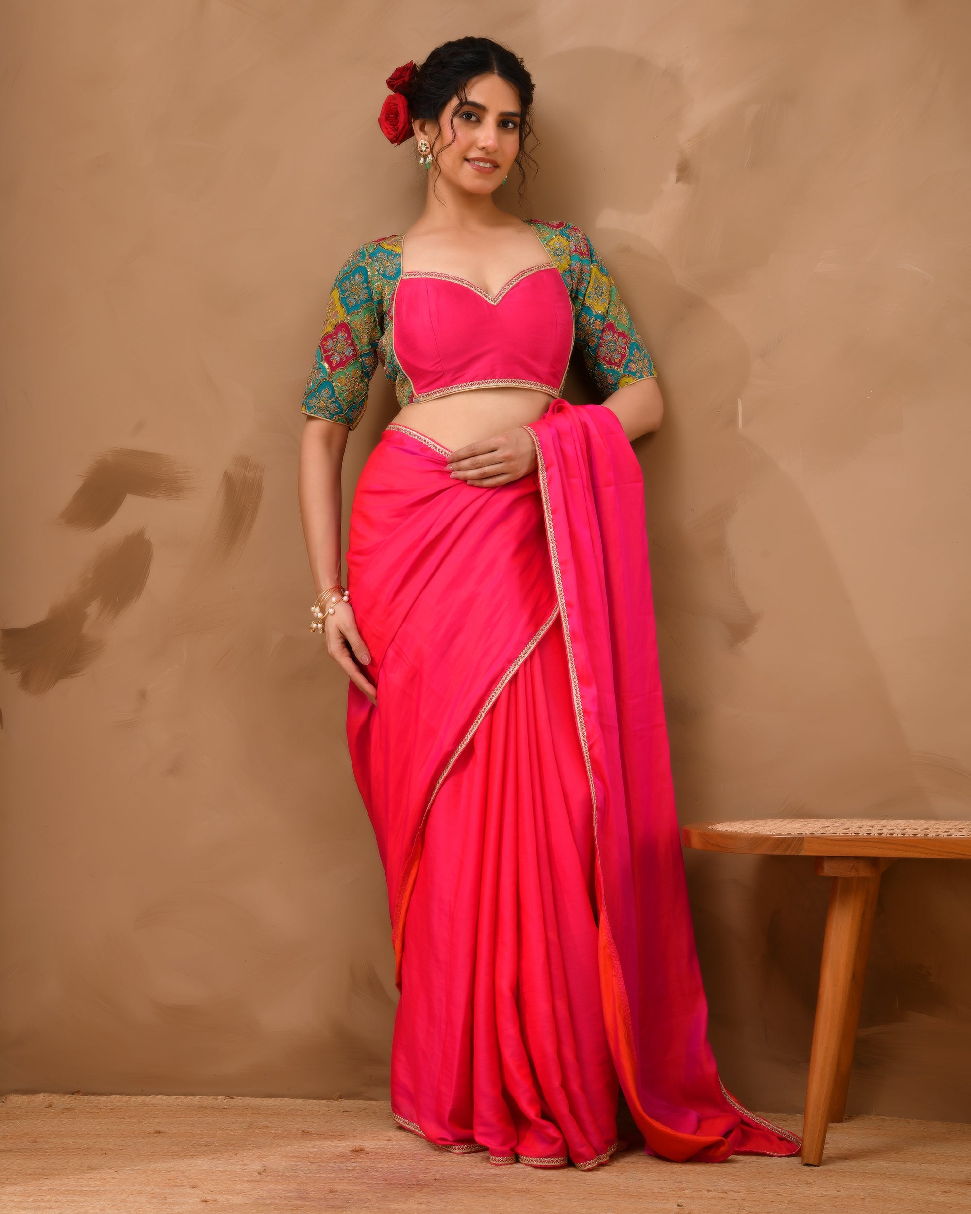 Madhubala Style Pink Blouse With Sleeves