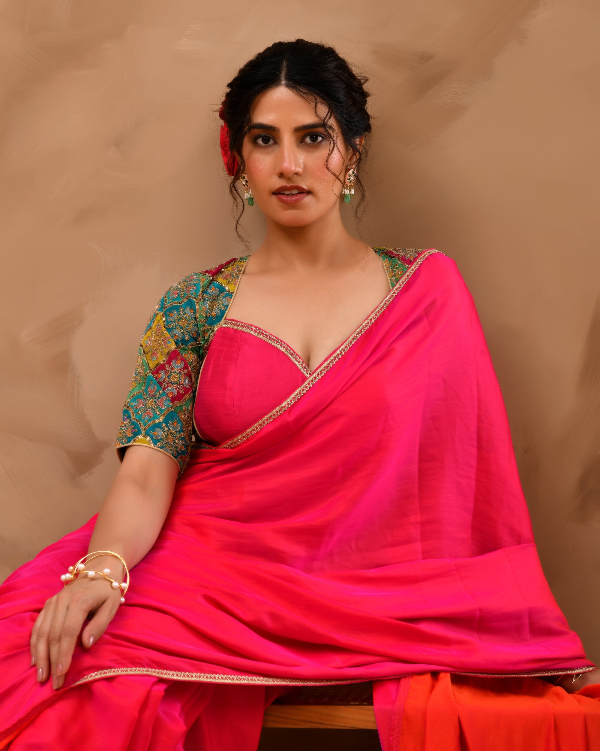 Madhubala Style Pink Blouse With Sleeves