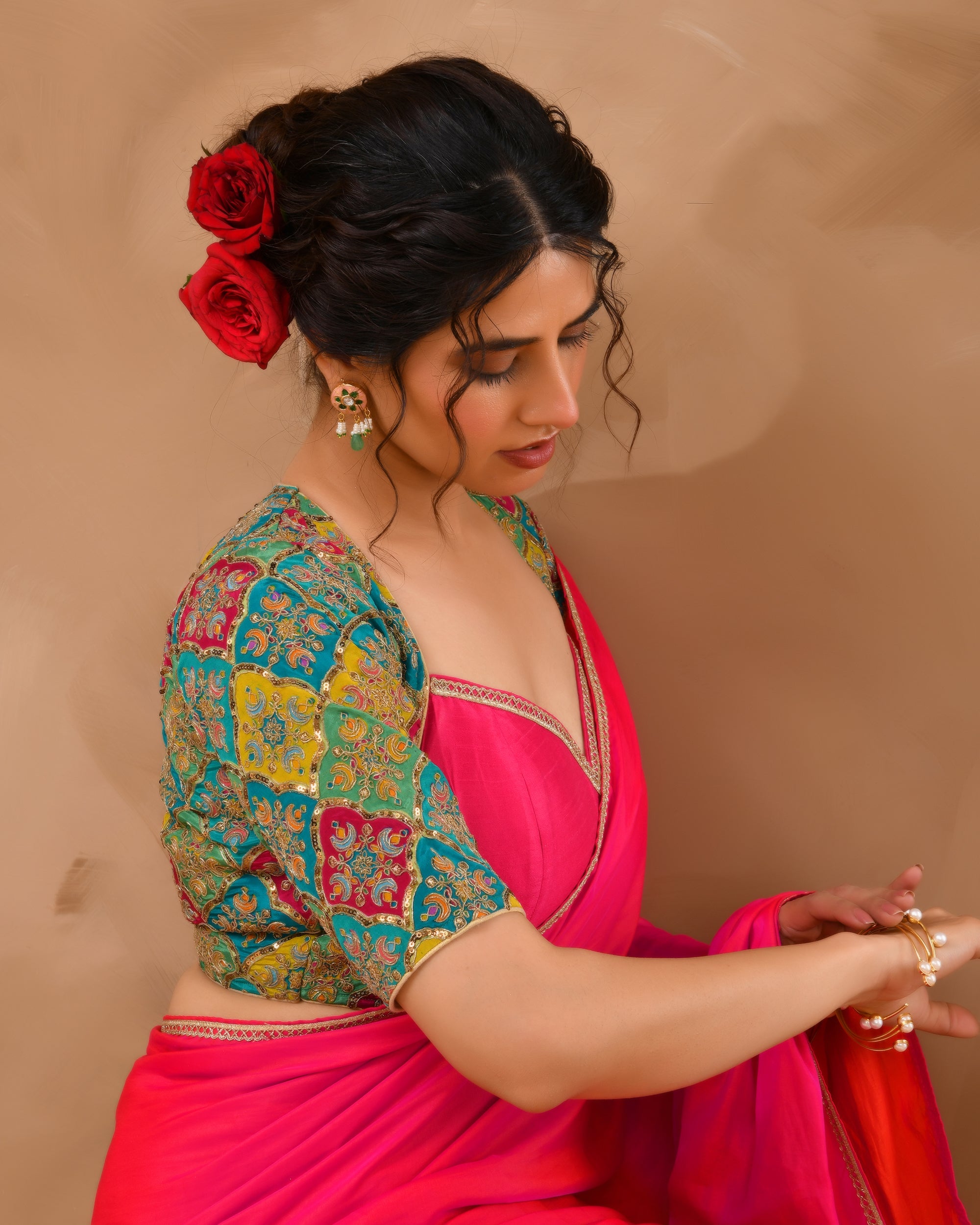 Madhubala Style Pink Blouse With Sleeves