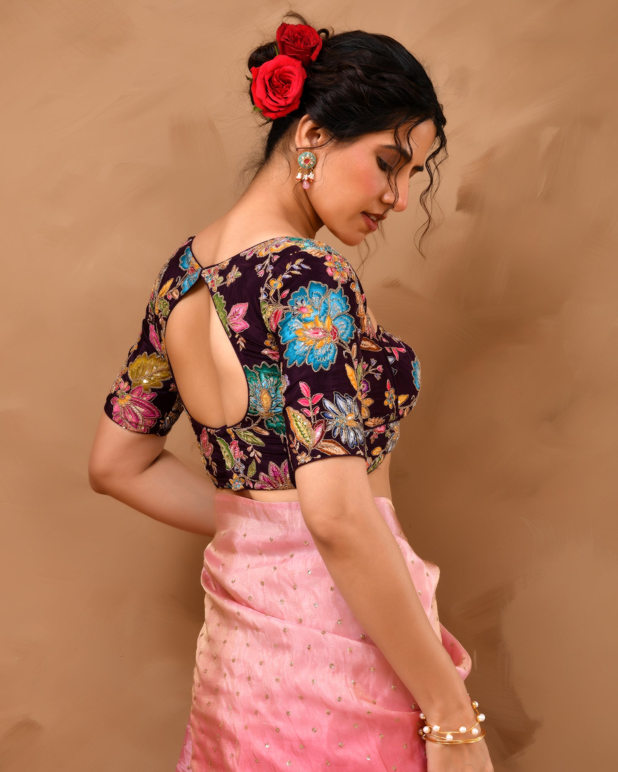 Deep Sweetheart Neck Embroidery Wine  Blouse With Sleeves