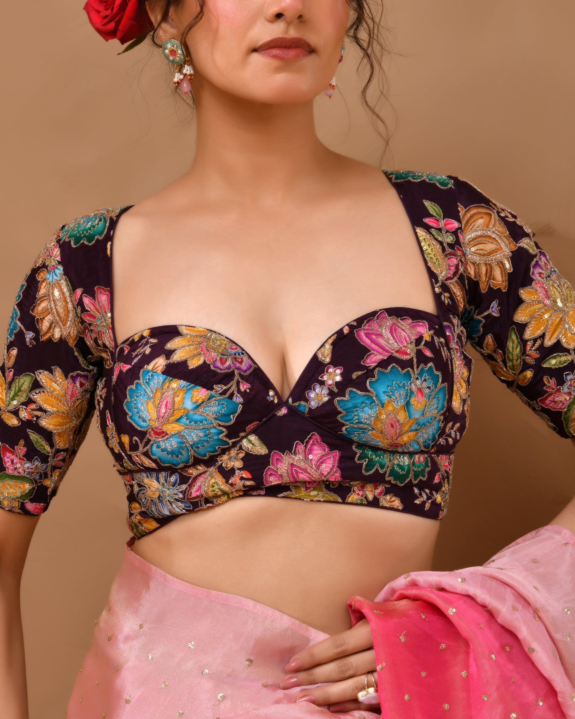 Deep Sweetheart Neck Embroidery Wine  Blouse With Sleeves