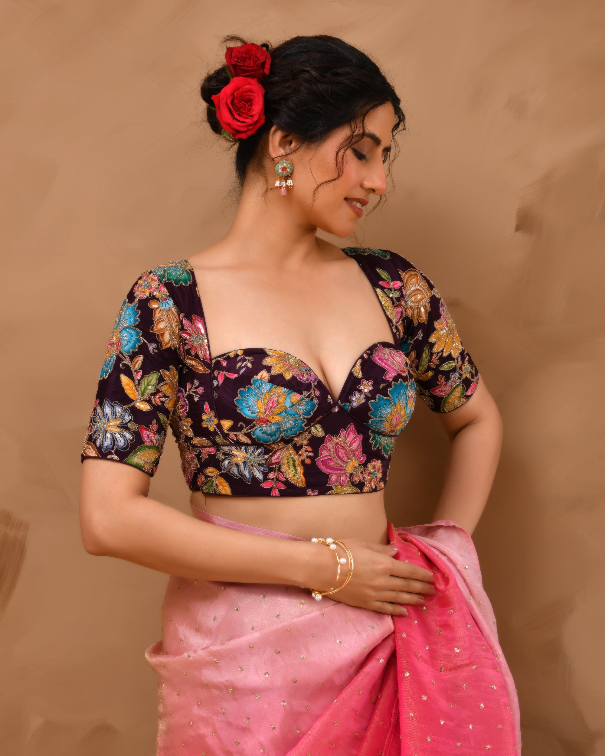 Deep Sweetheart Neck Embroidery Wine  Blouse With Sleeves