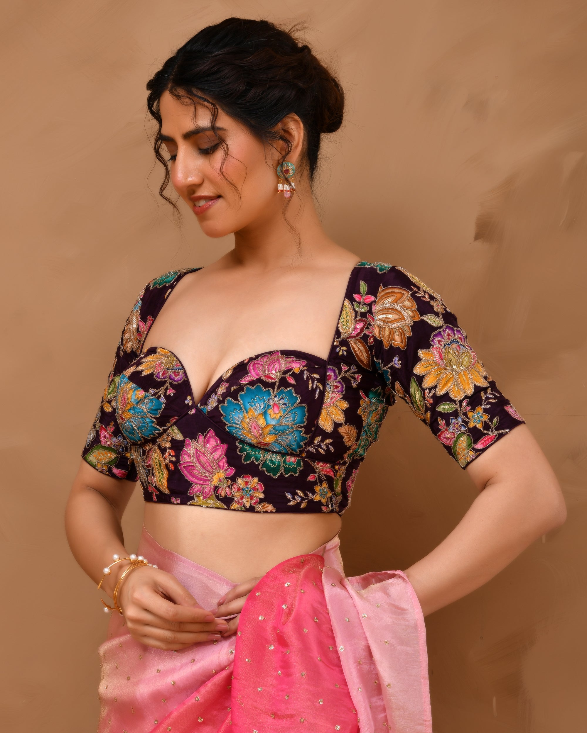 Deep Sweetheart Neck Embroidery Wine  Blouse With Sleeves