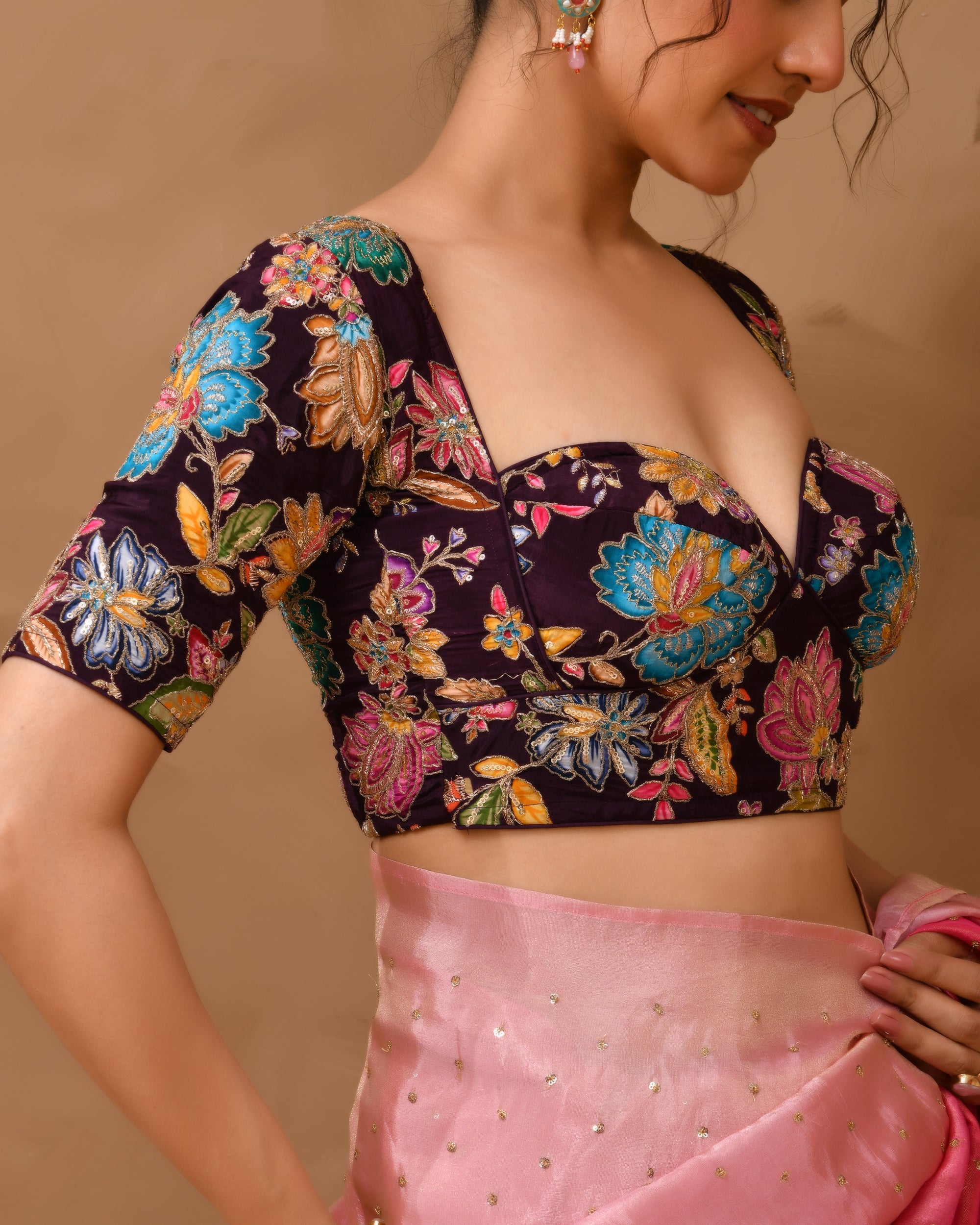 Deep Sweetheart Neck Embroidery Wine  Blouse With Sleeves