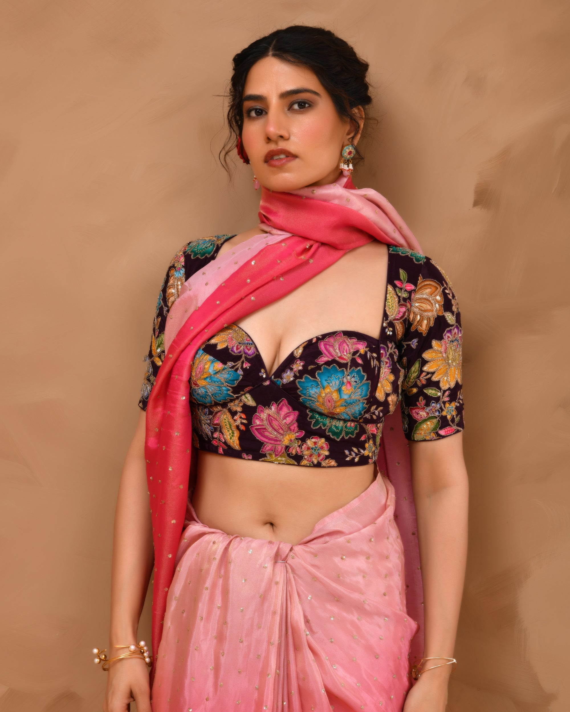 Deep Sweetheart Neck Embroidery Wine  Blouse With Sleeves