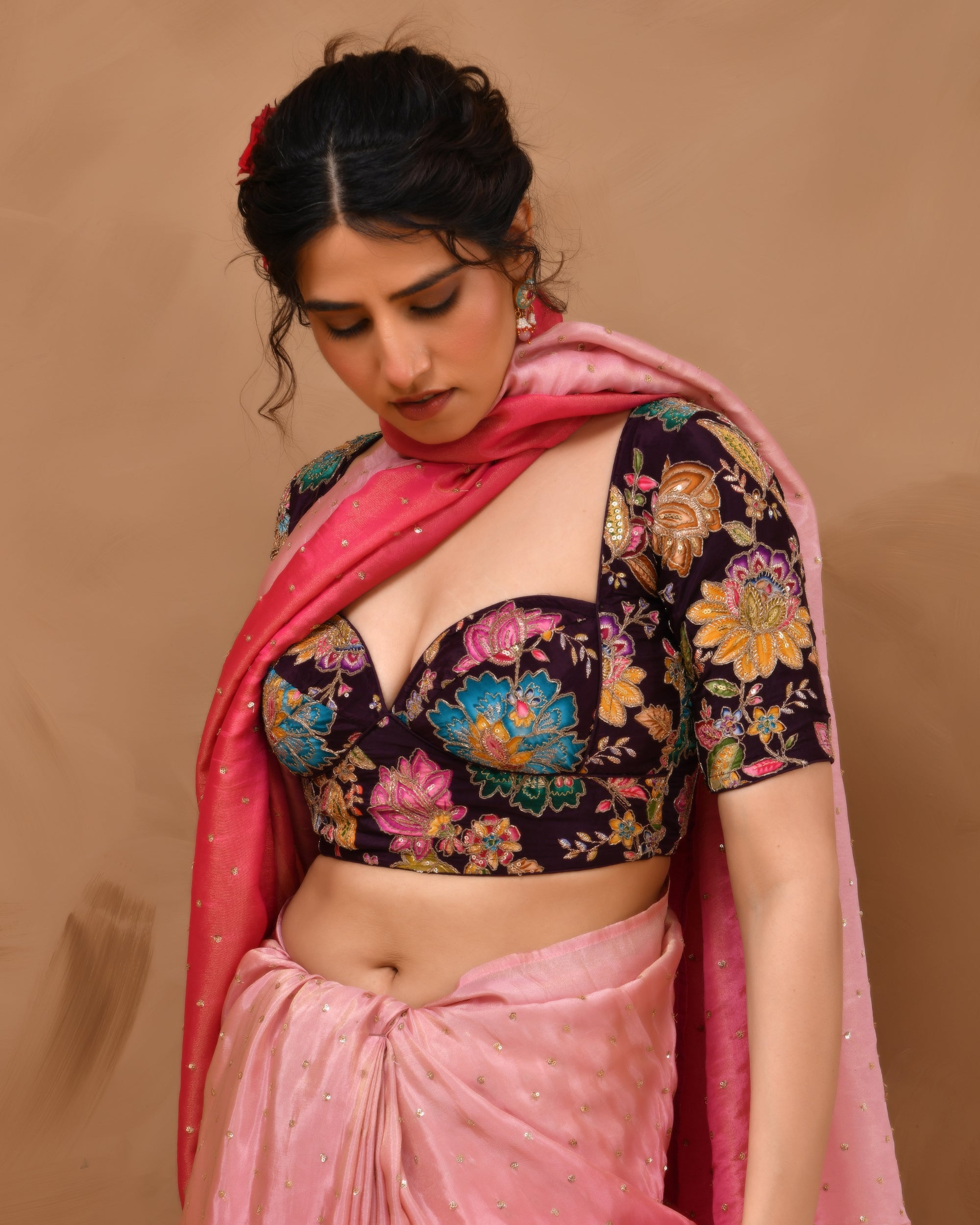 Deep Sweetheart Neck Embroidery Wine  Blouse With Sleeves