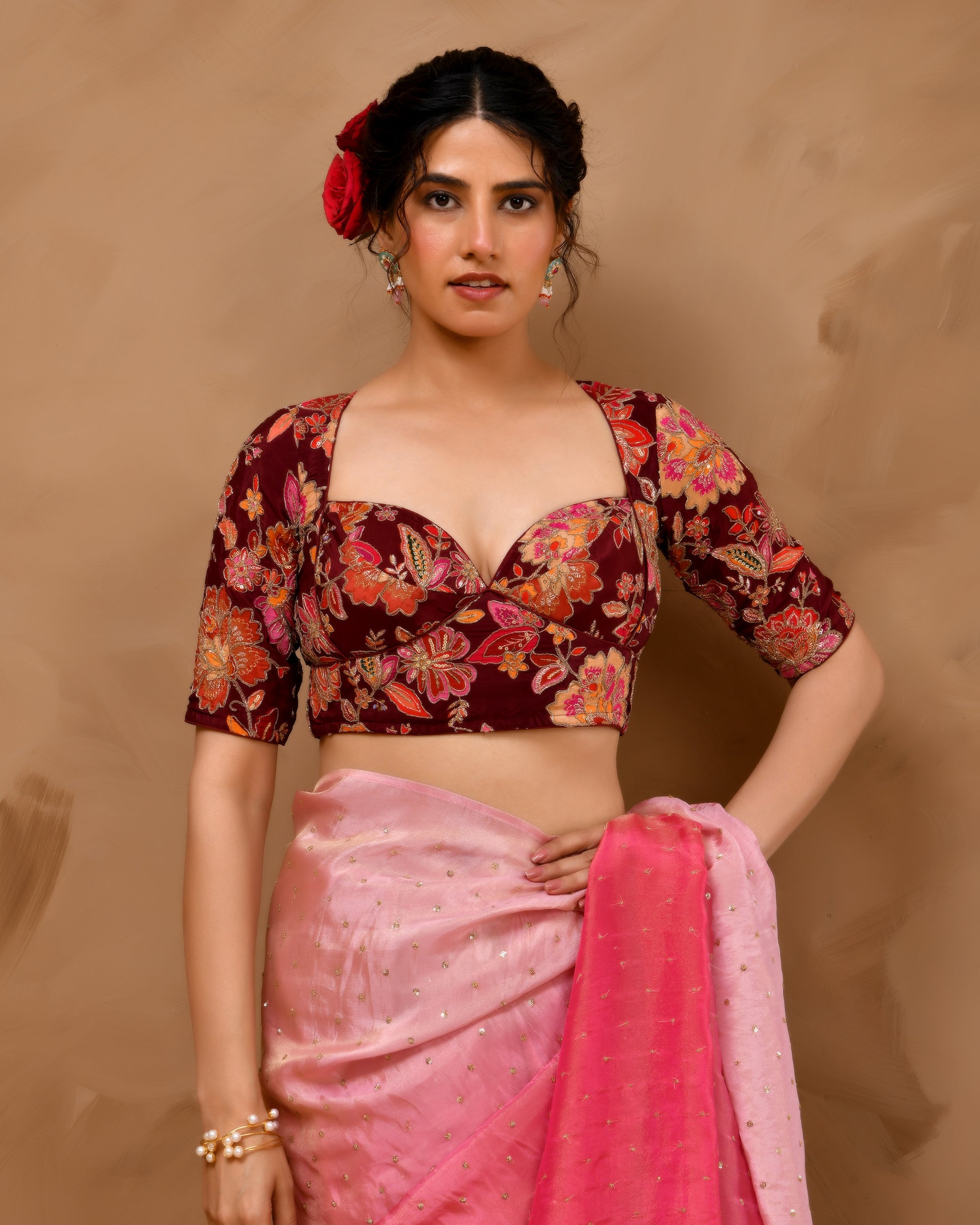 Deep Sweetheart Neck Embroidery Burgundy Blouse With Sleeves