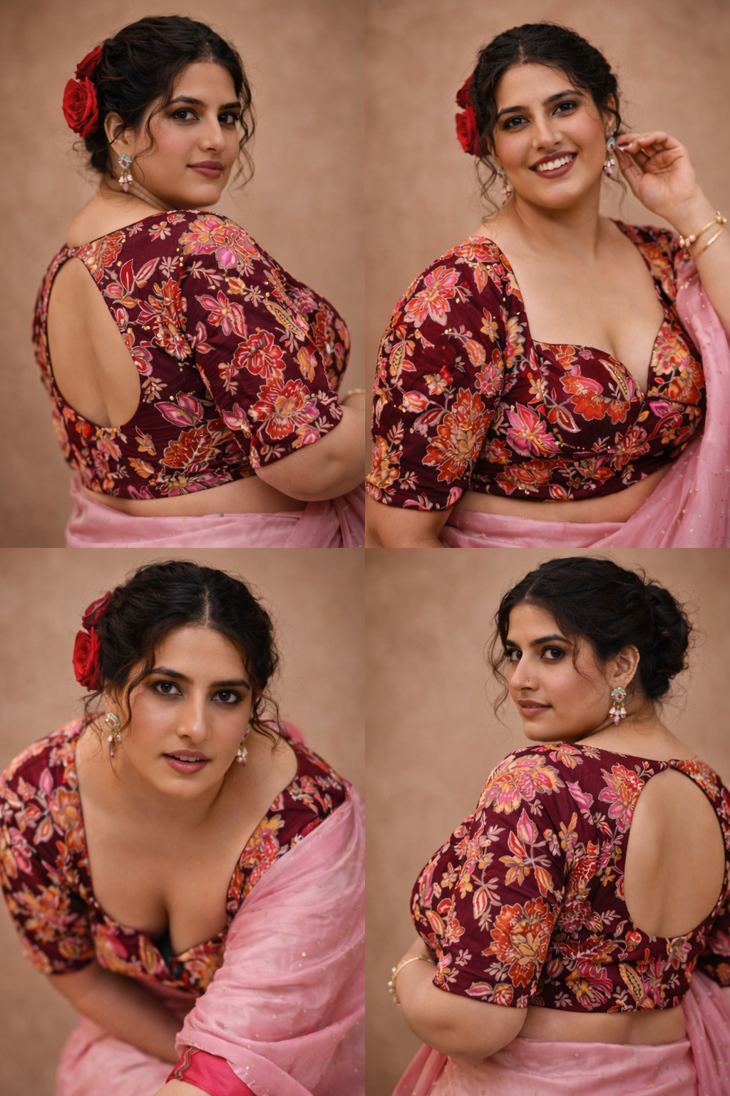 Deep Sweetheart Neck Embroidery Burgundy Blouse With Sleeves