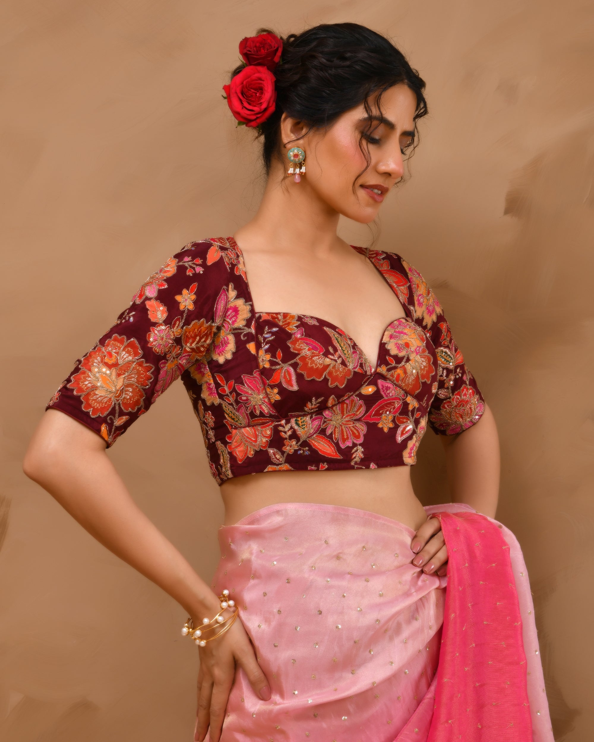 Deep Sweetheart Neck Embroidery Burgundy Blouse With Sleeves