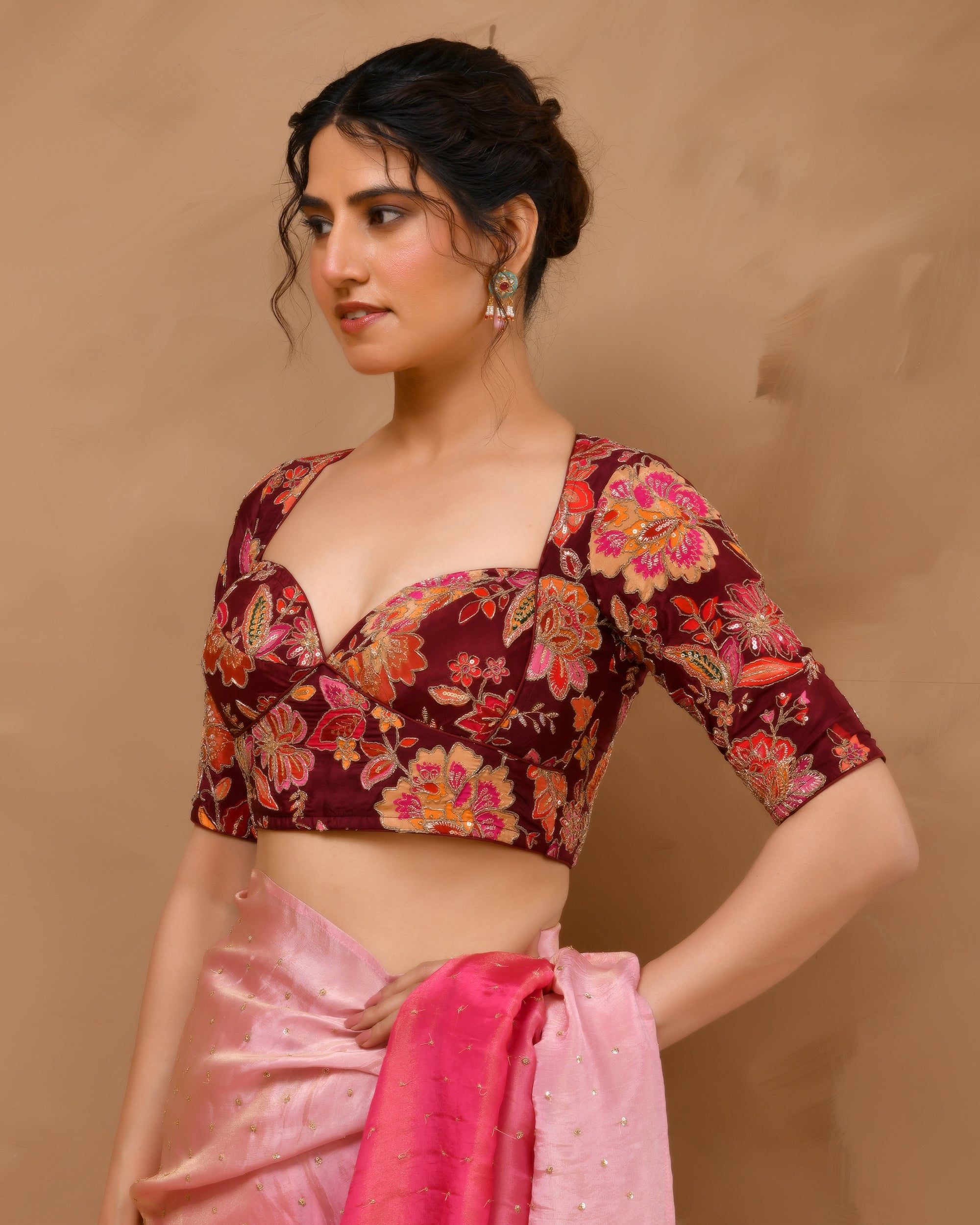 Deep Sweetheart Neck Embroidery Burgundy Blouse With Sleeves